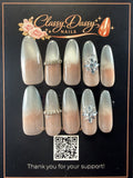 Smoky Blue Ombre Glitter Crystal Snowflake Ring Charm Oval Press-On Nails – Long Length