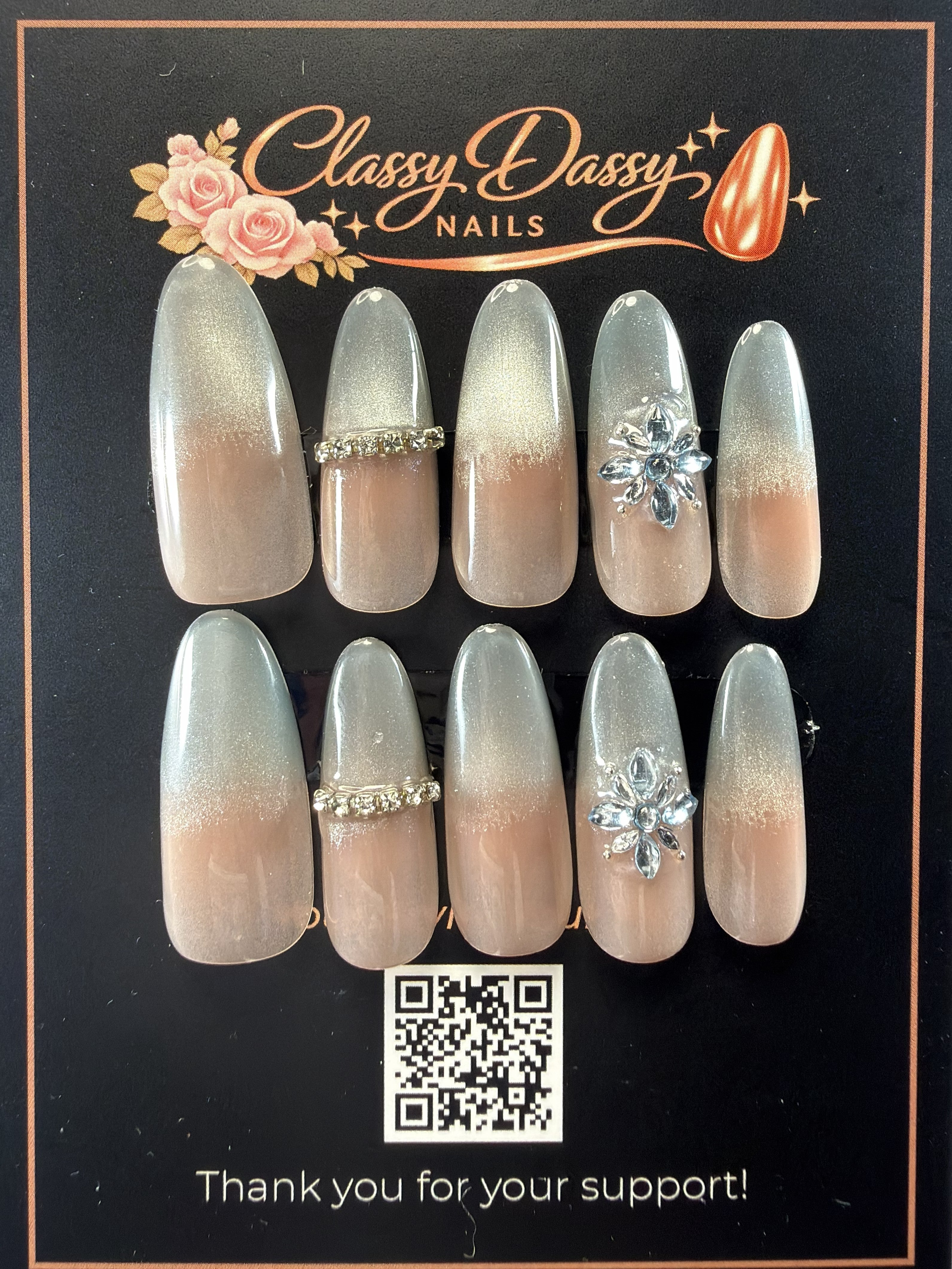 Smoky Blue Ombre Glitter Crystal Snowflake Ring Charm Oval Press-On Nails – Long Length