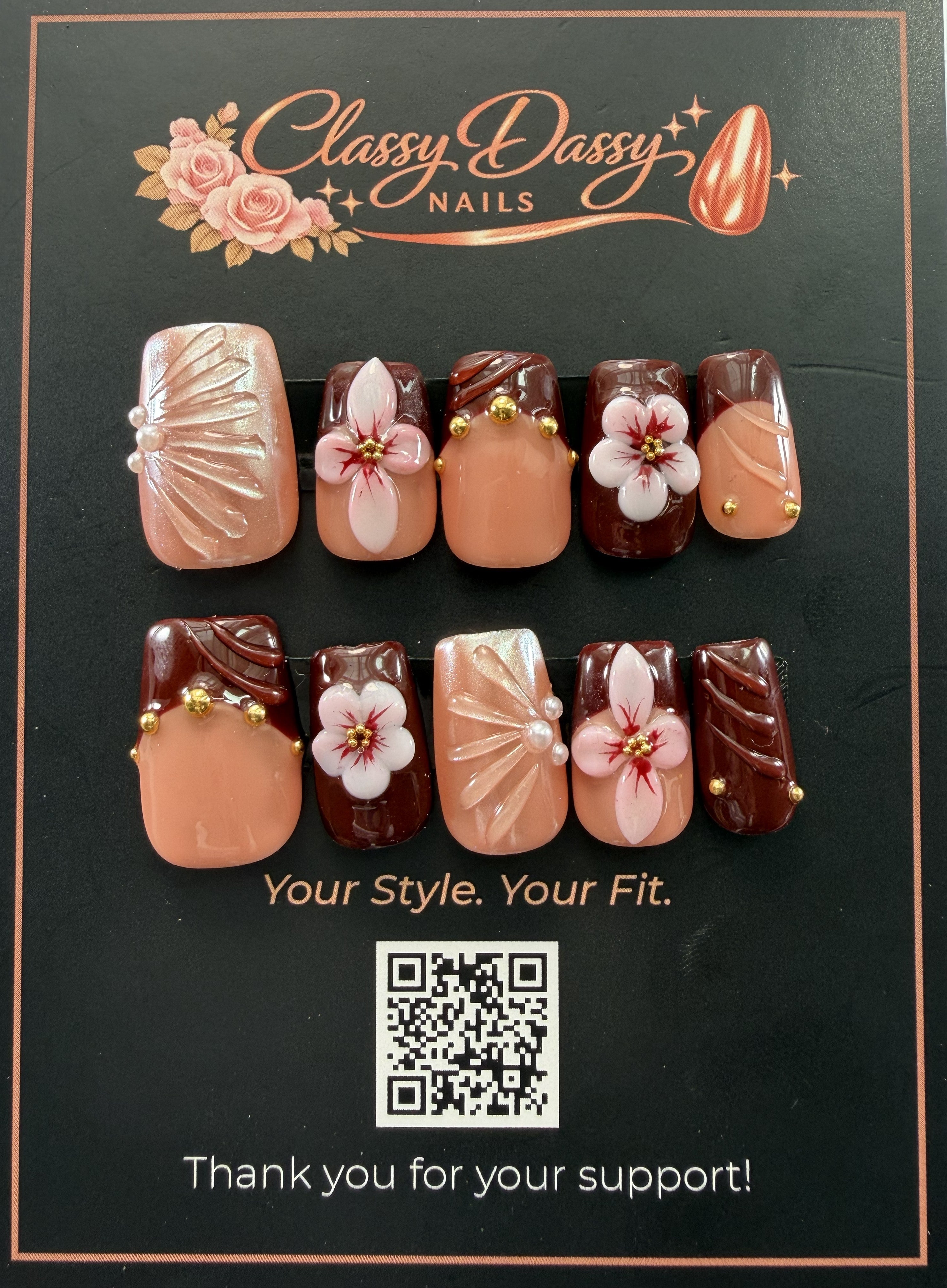 Burgundy Shell Blossom Square Press-On Nails – Short Length