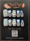 Cobalt Blue Tip White Floral Crystal Square Press-On Nails – Short Length