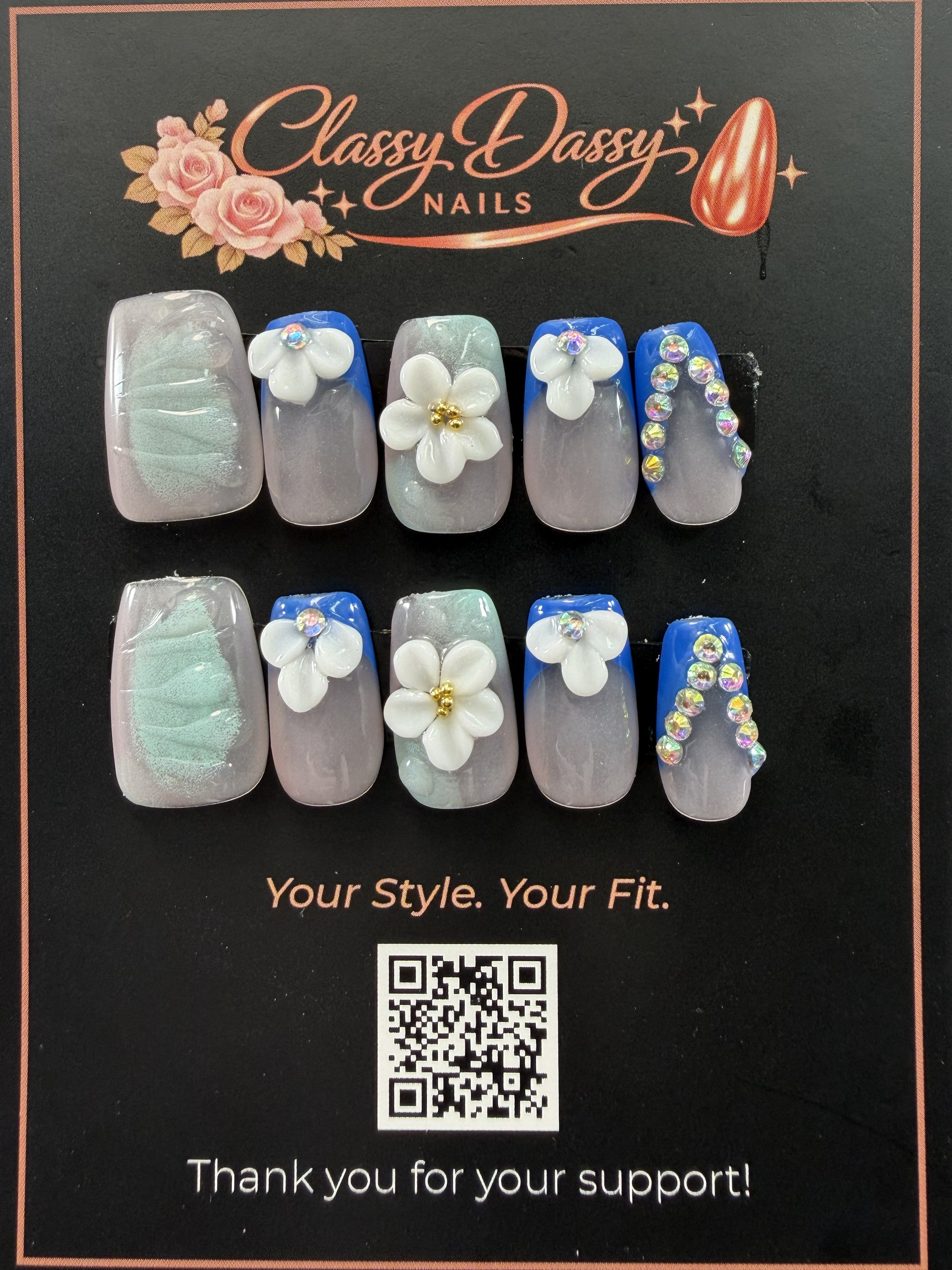 Cobalt Blue Tip White Floral Crystal Square Press-On Nails – Short Length