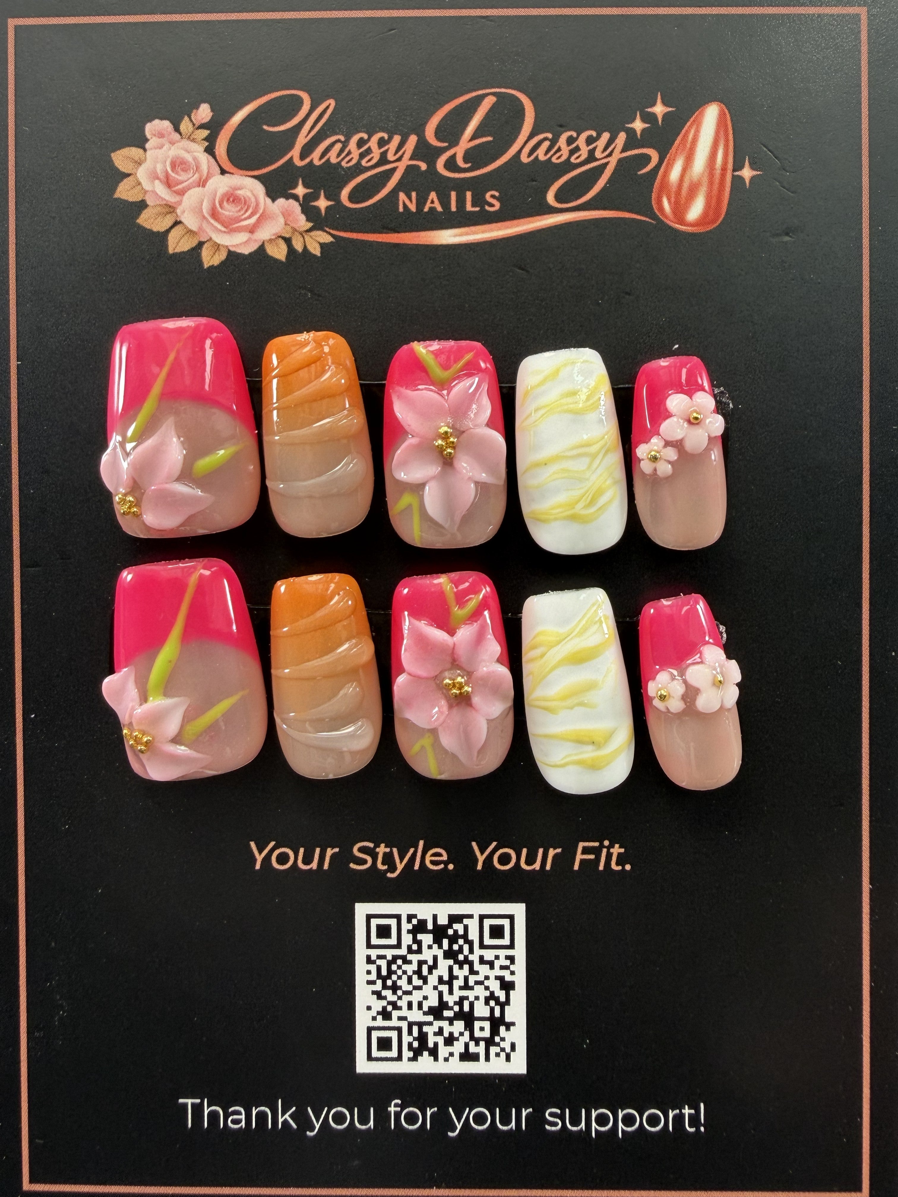Tropical Pink Marble Bloom Square Press-On Nails – Short Length