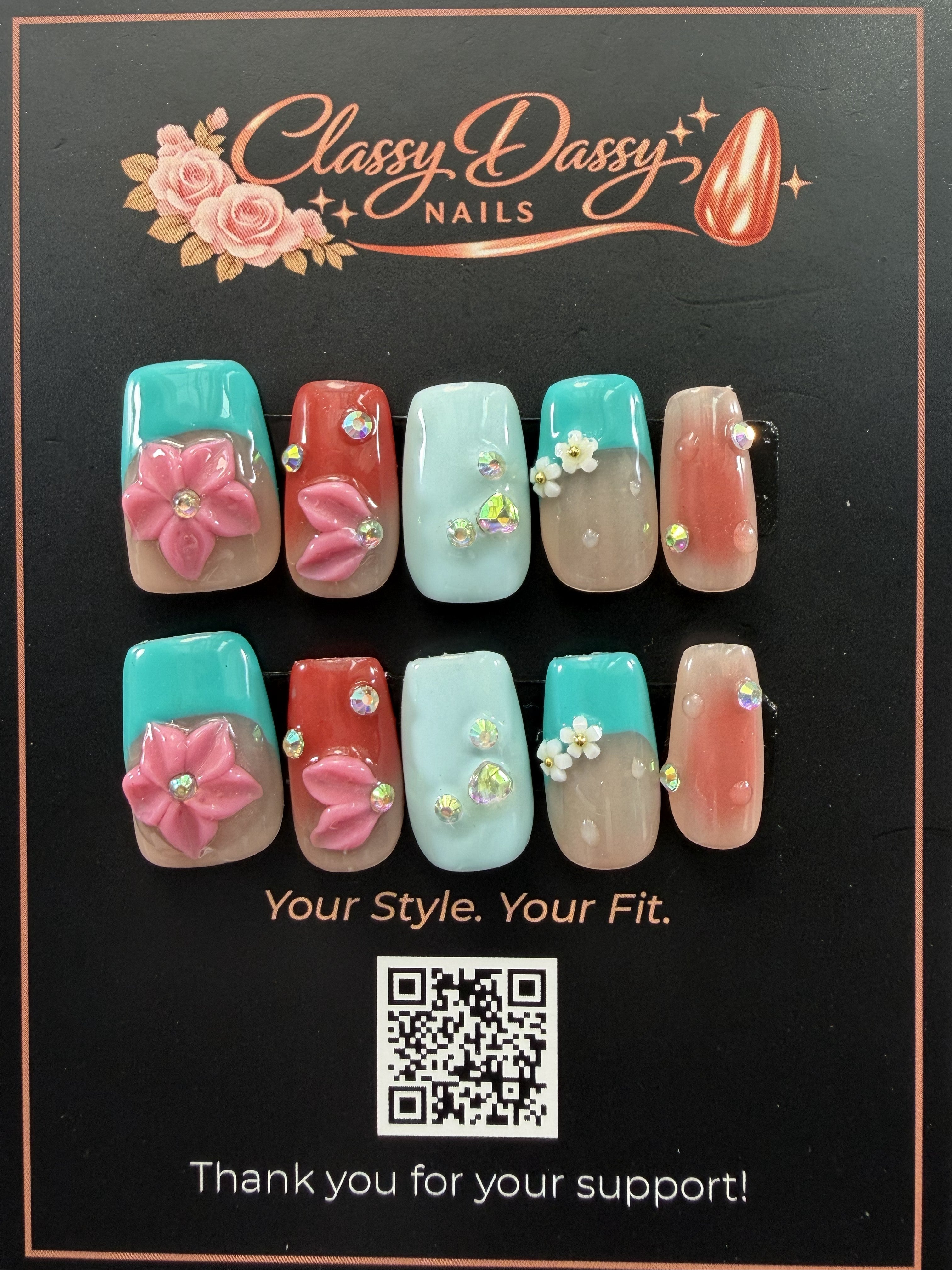 Teal Hibiscus Crystal Square Press-On Nails – Short Length