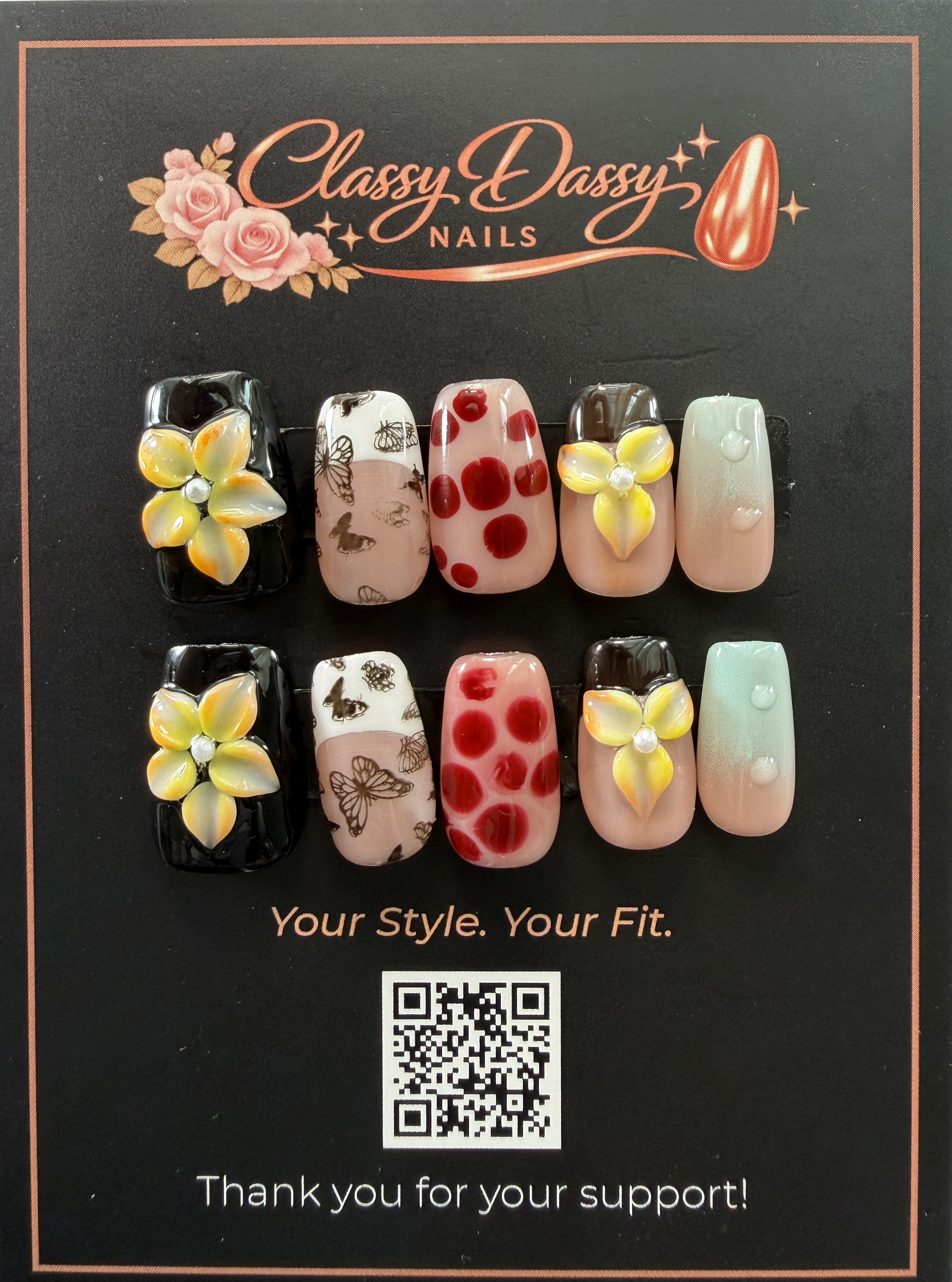 Black Plumeria Butterfly Dot Square Press-On Nails – Short Length