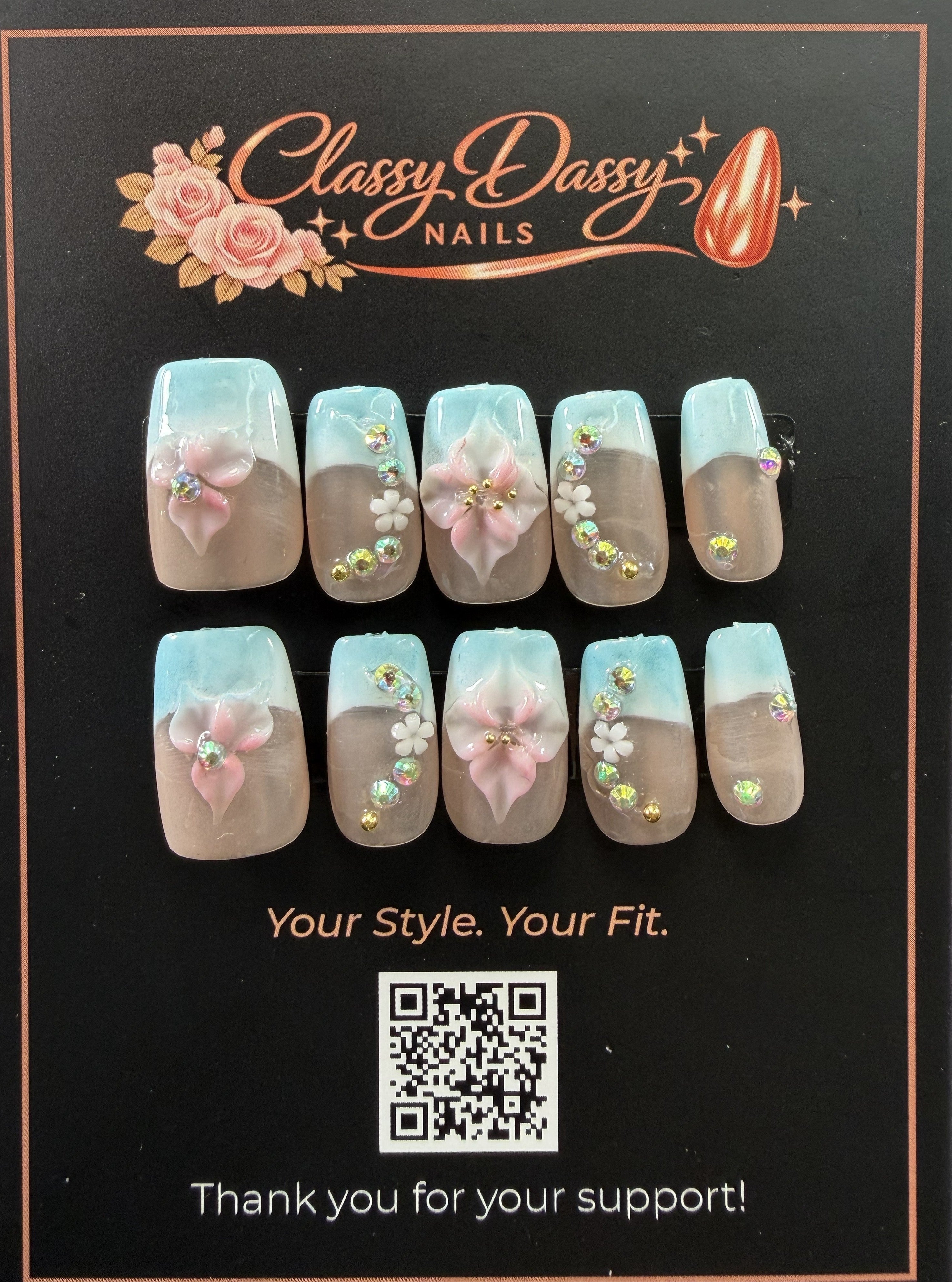 Blue Ombre Tulip Crystal Square Press-On Nails – Short Length