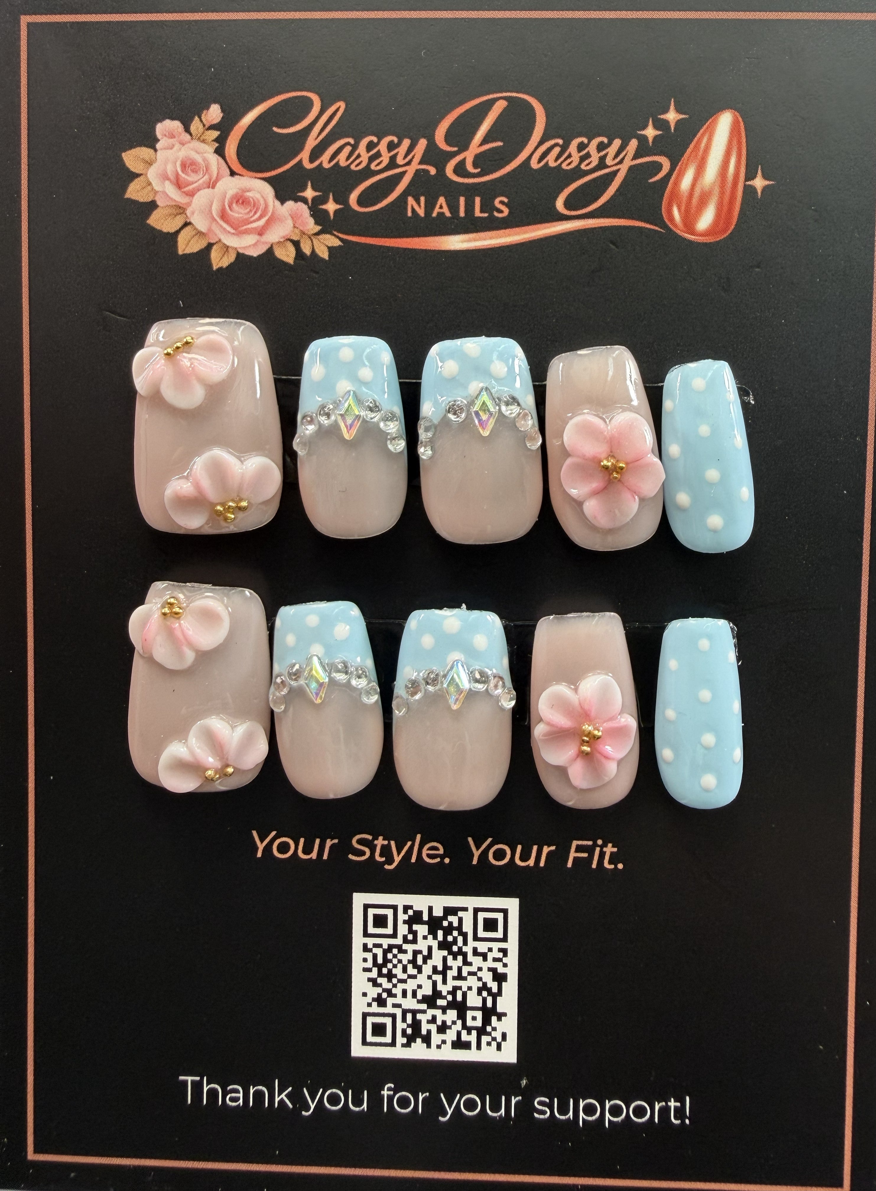 Blue Polka Dot Crystal Bow Square Press-On Nails – Short Length
