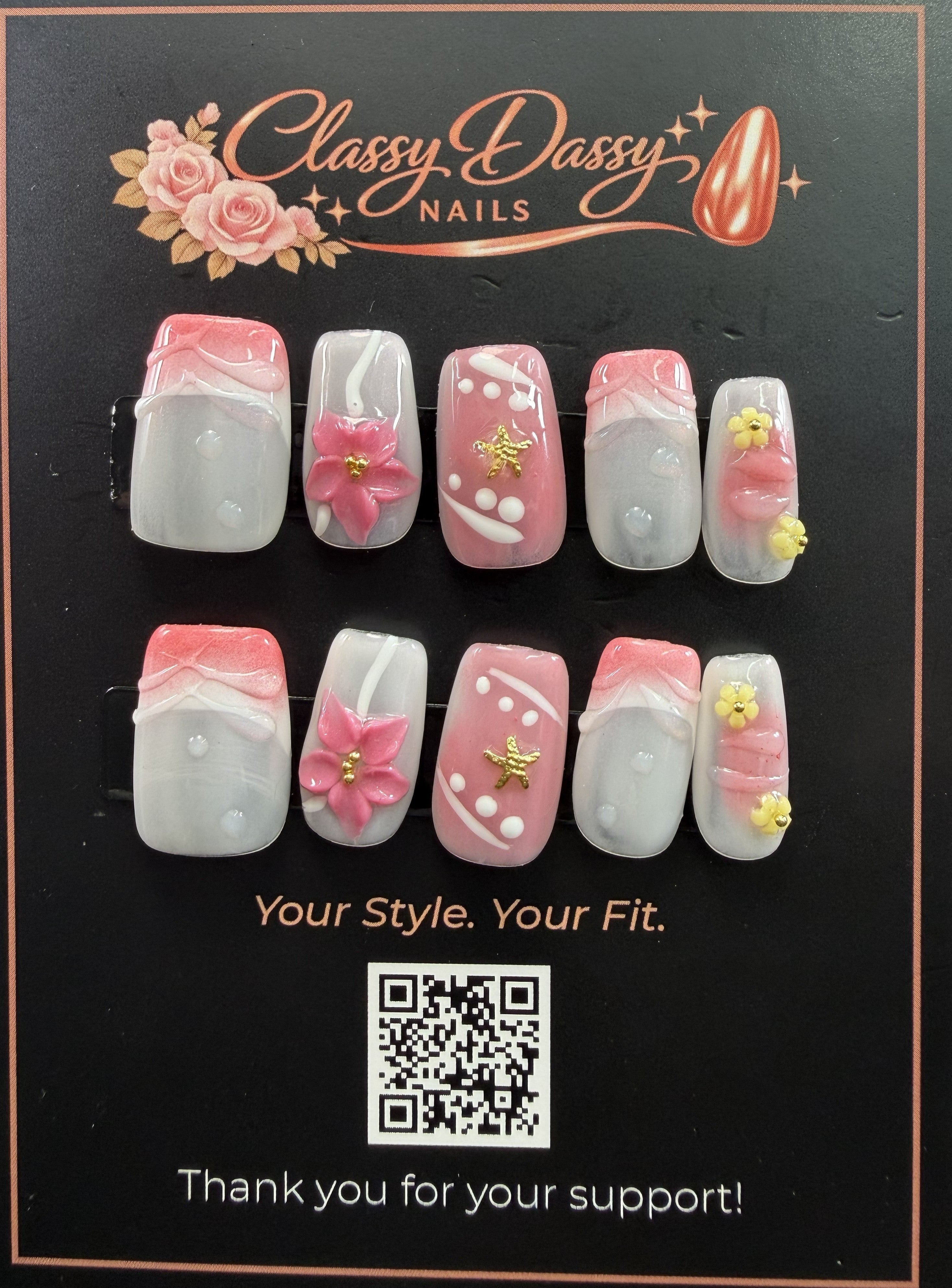 Pink Starfish Floral Square Press-On Nails – Short Length