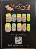 Neon Lime Crystal Floral Square Press-On Nails – Short Length
