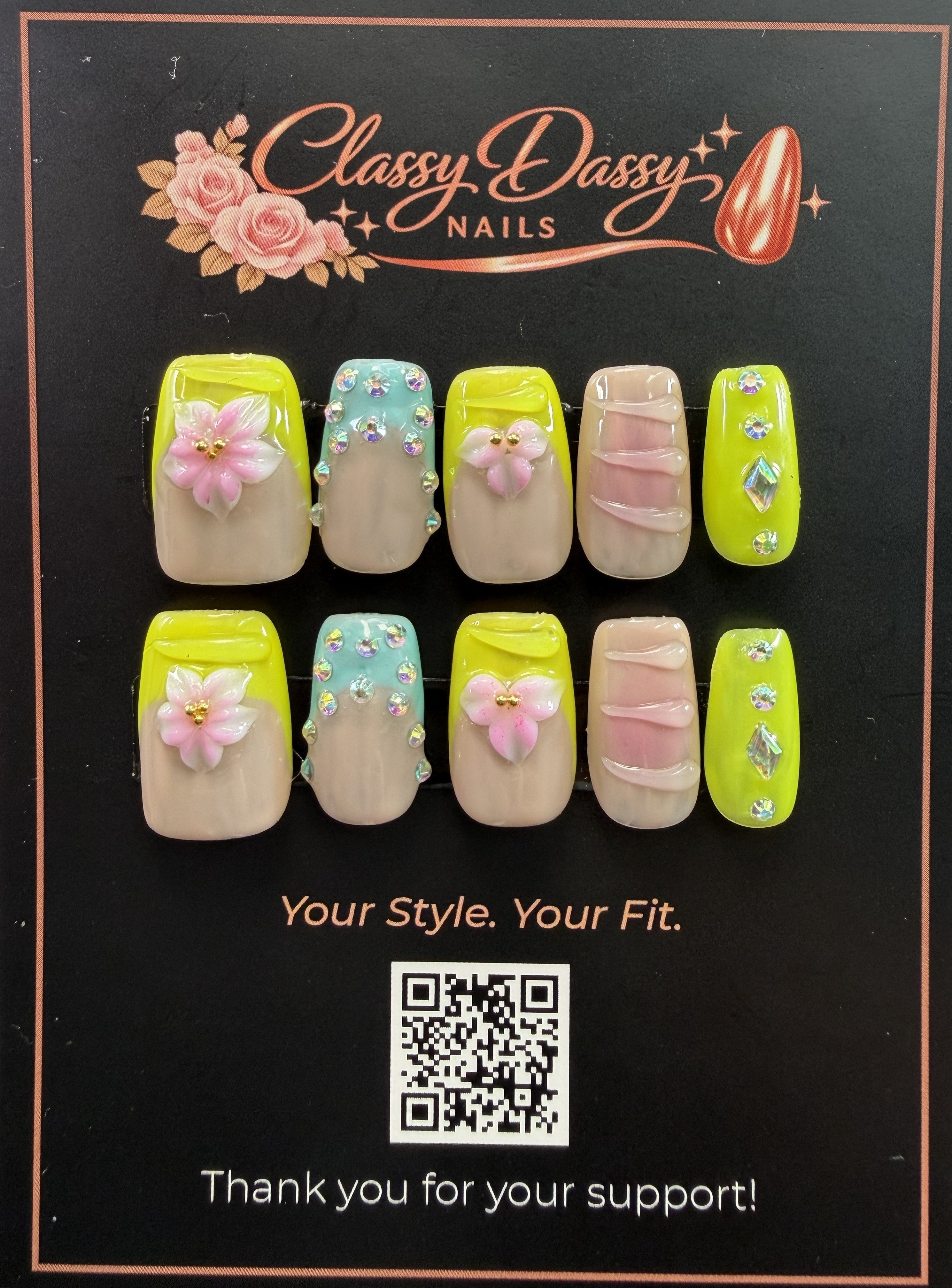 Neon Lime Crystal Floral Square Press-On Nails – Short Length