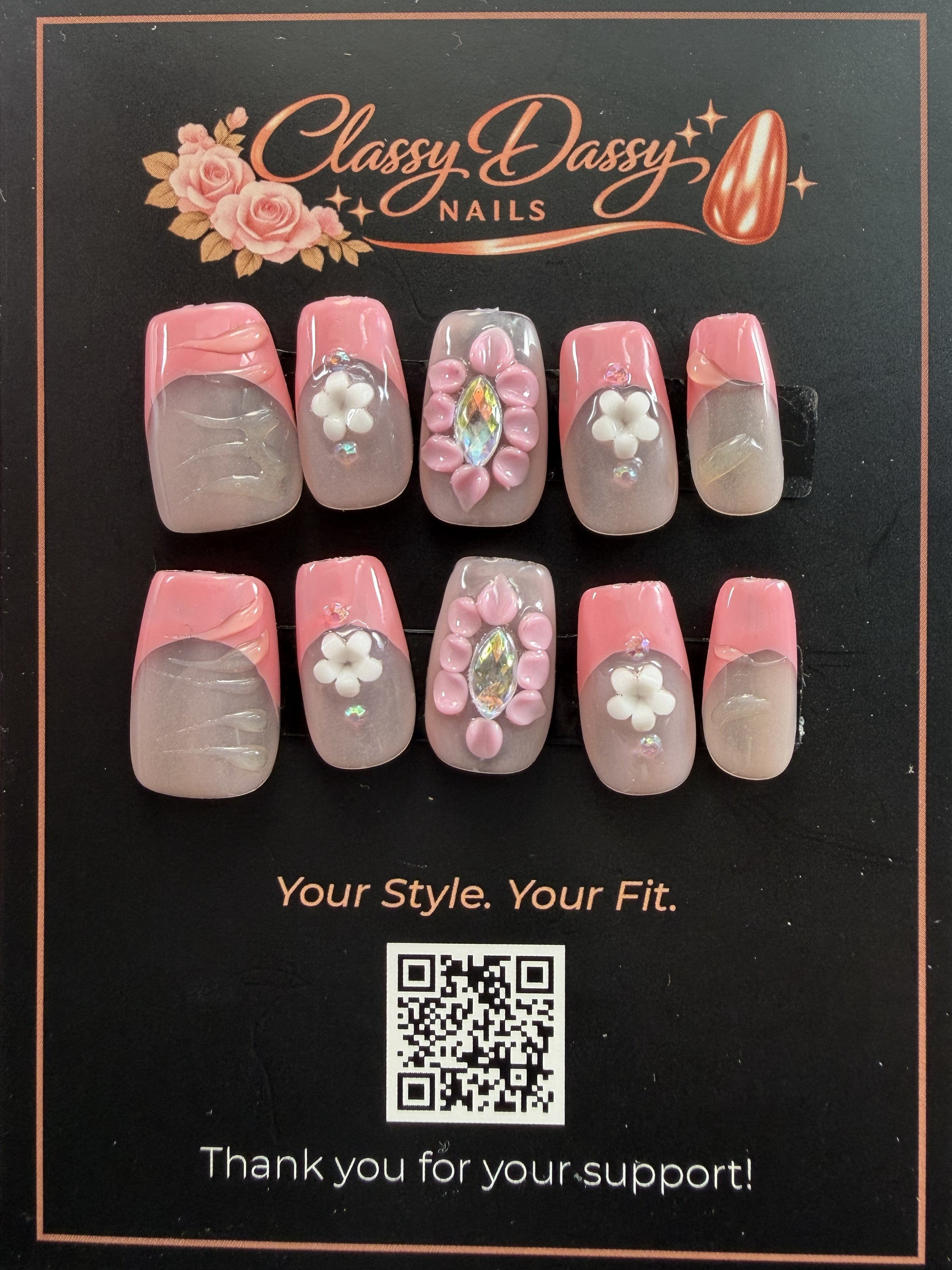 Pink Petal Crystal Square Press-On Nails – Short Length