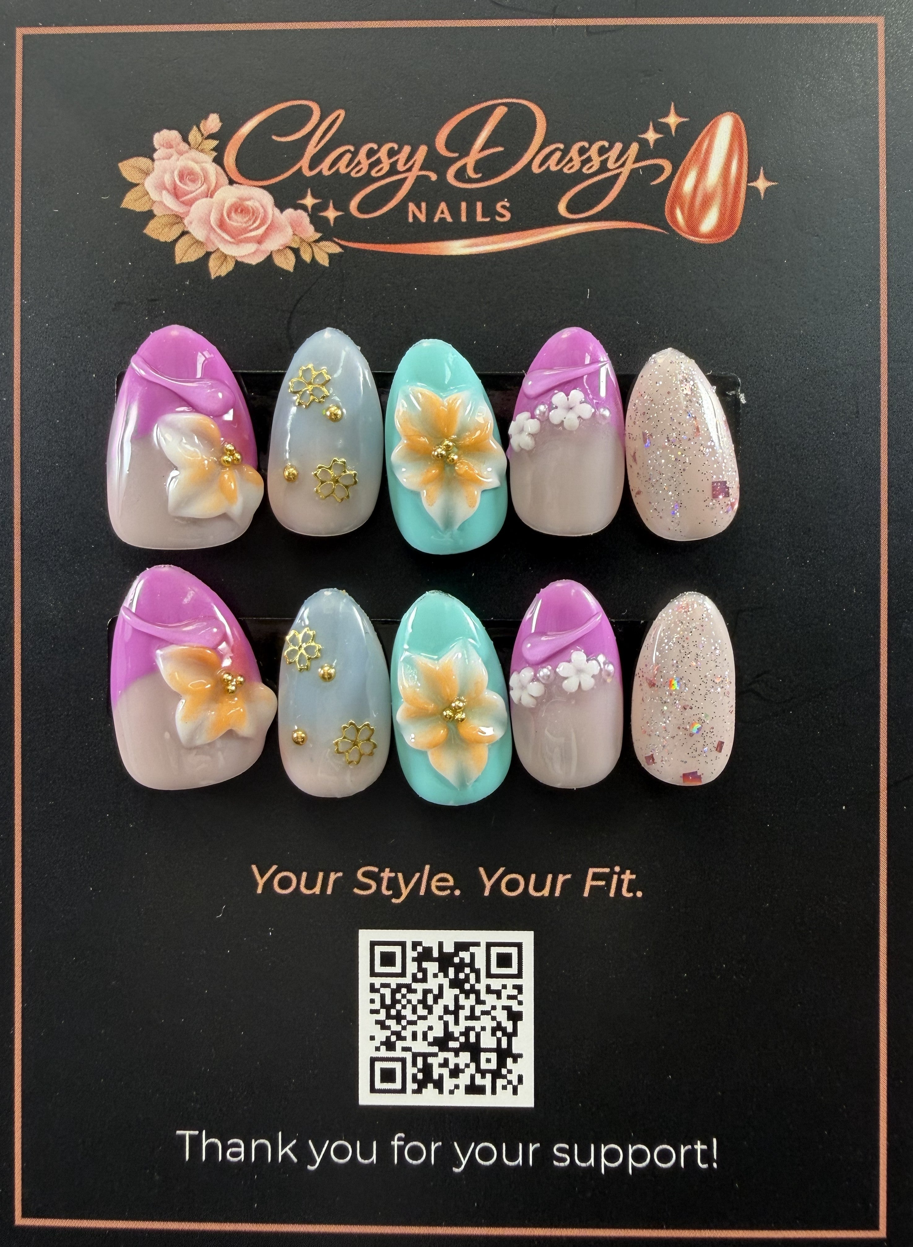 Teal & Violet Dream Floral Almond Press-On Nails – Short Length