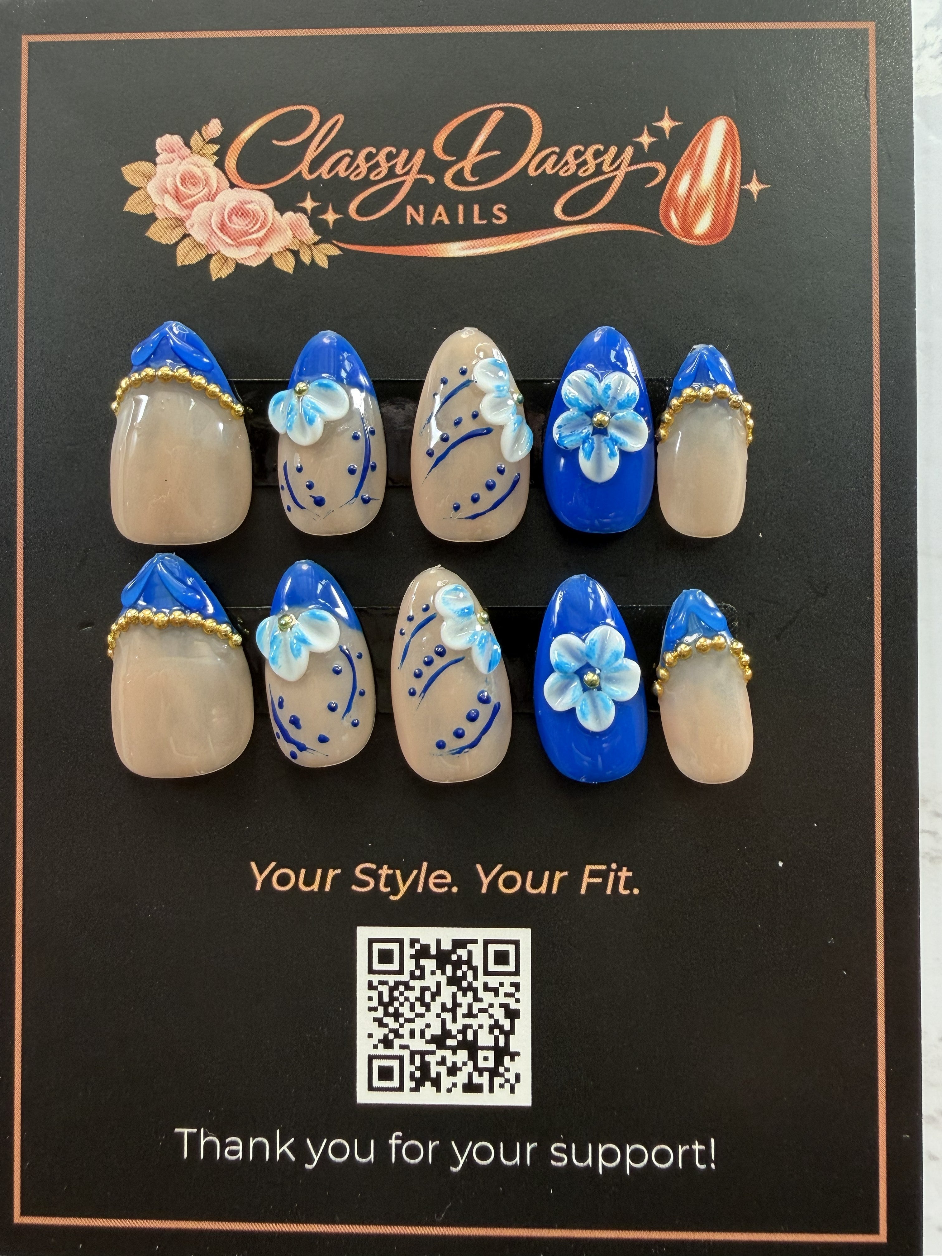 Royal Blue Floral Swirl Almond Press-On Nails – Short Length