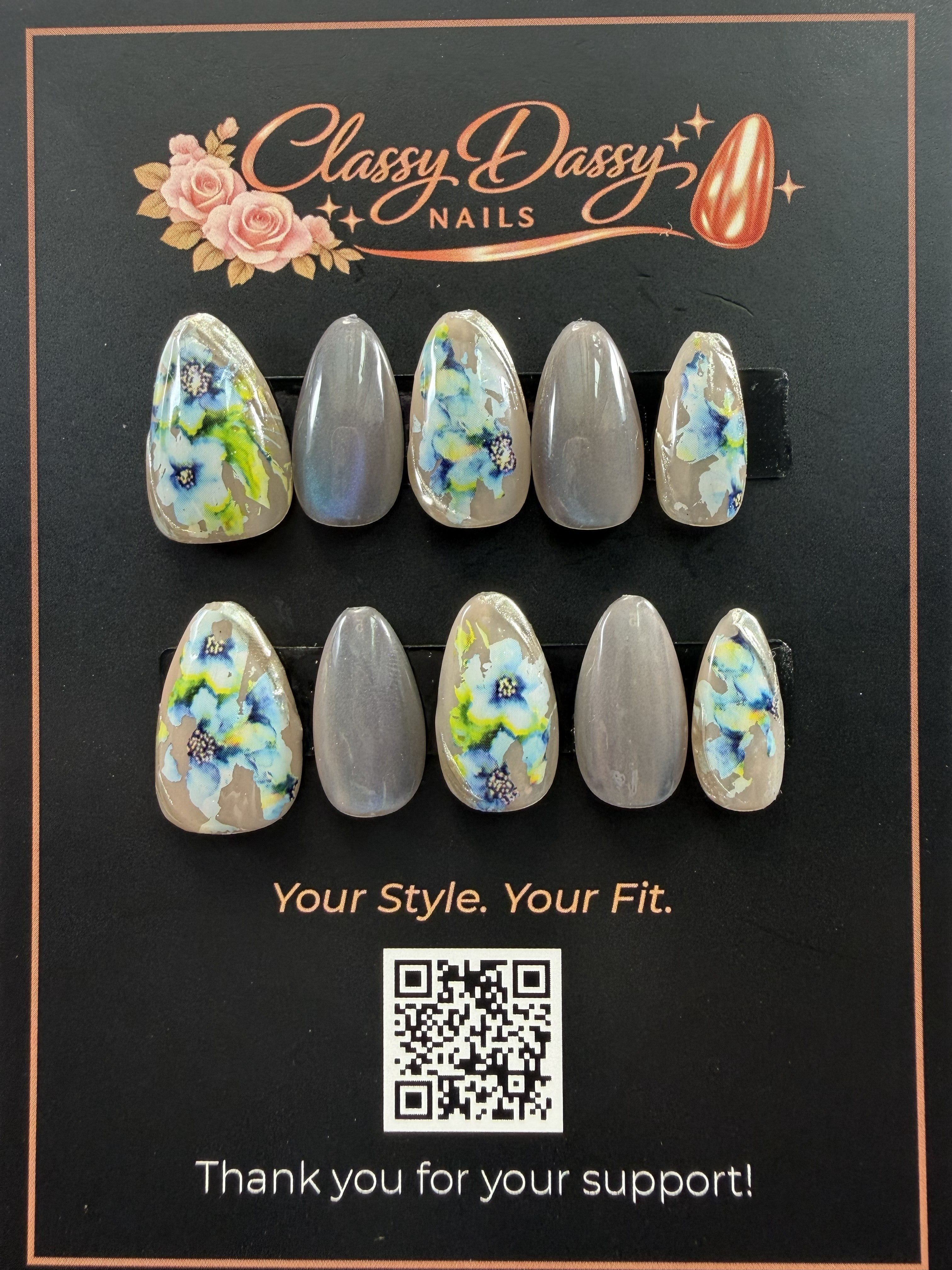 Grey Garden Floral Almond Press-On Nails – Short Length