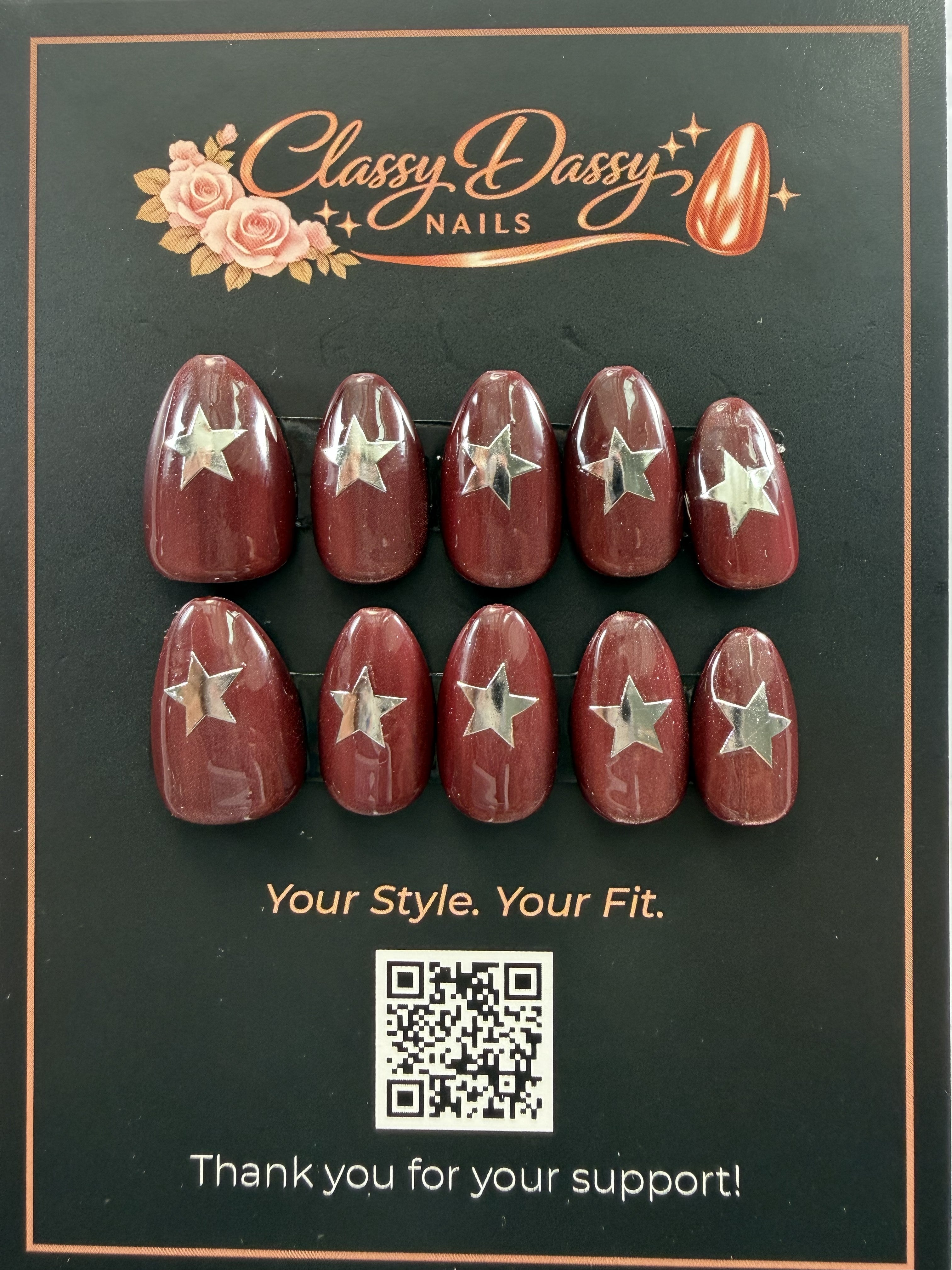 Burgundy Star Almond Press-On Nails – Short Length