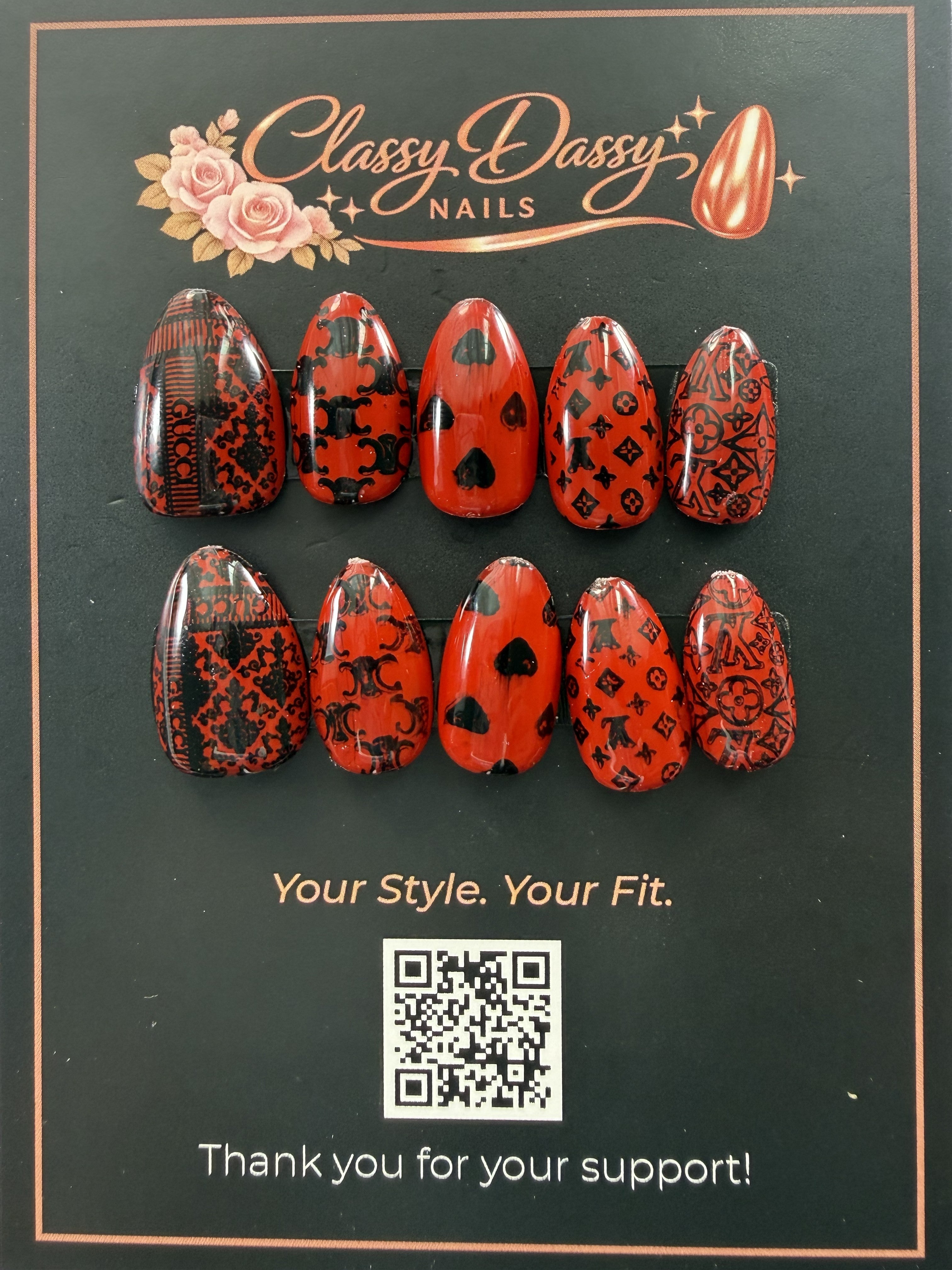 Red Luxe Monogram Almond Press-On Nails – Short Length