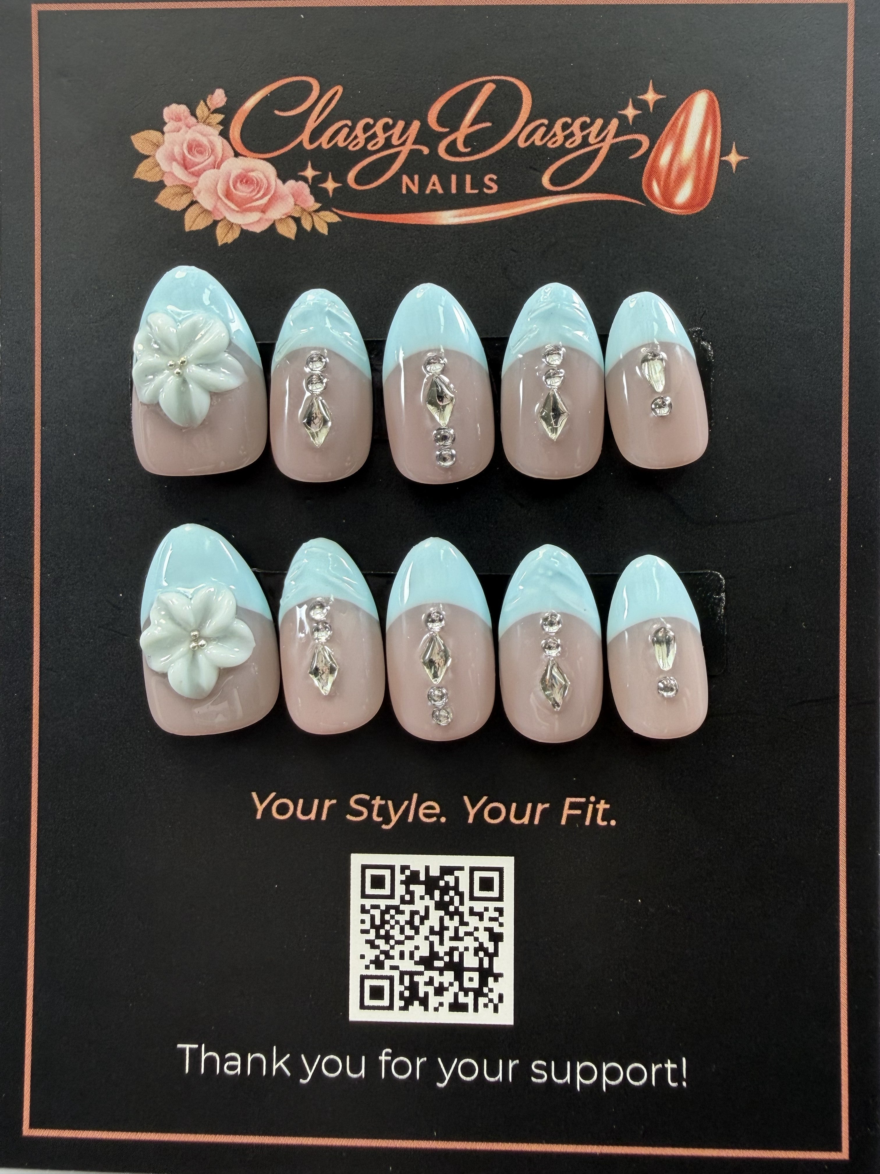 Blue French Crystal Charm Almond Press-On Nails – Short Length