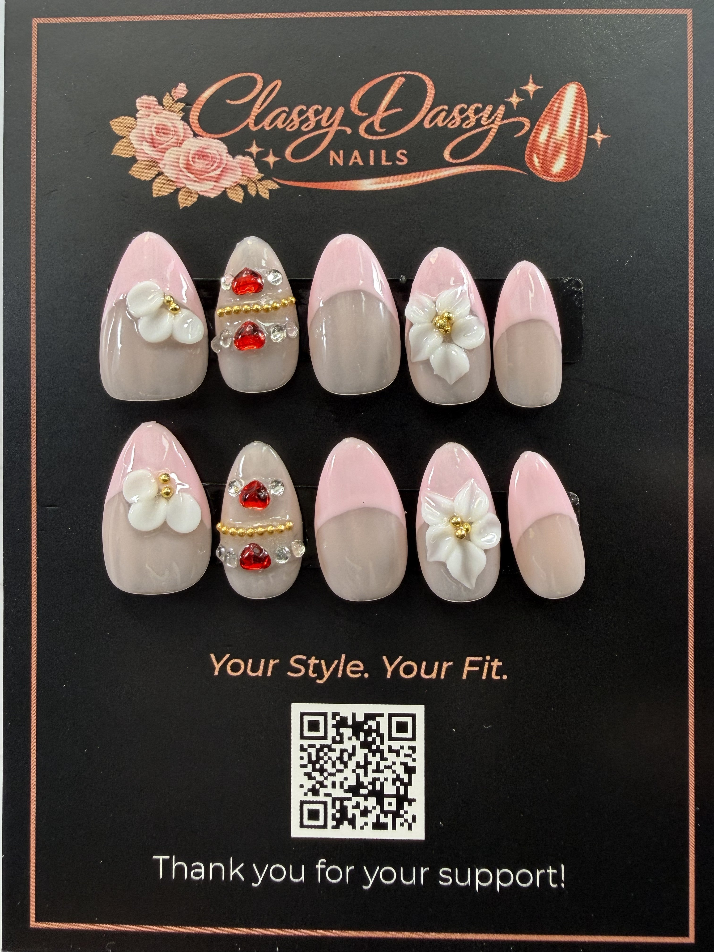 Romantic Heart Floral Almond Press-On Nails – Short Length