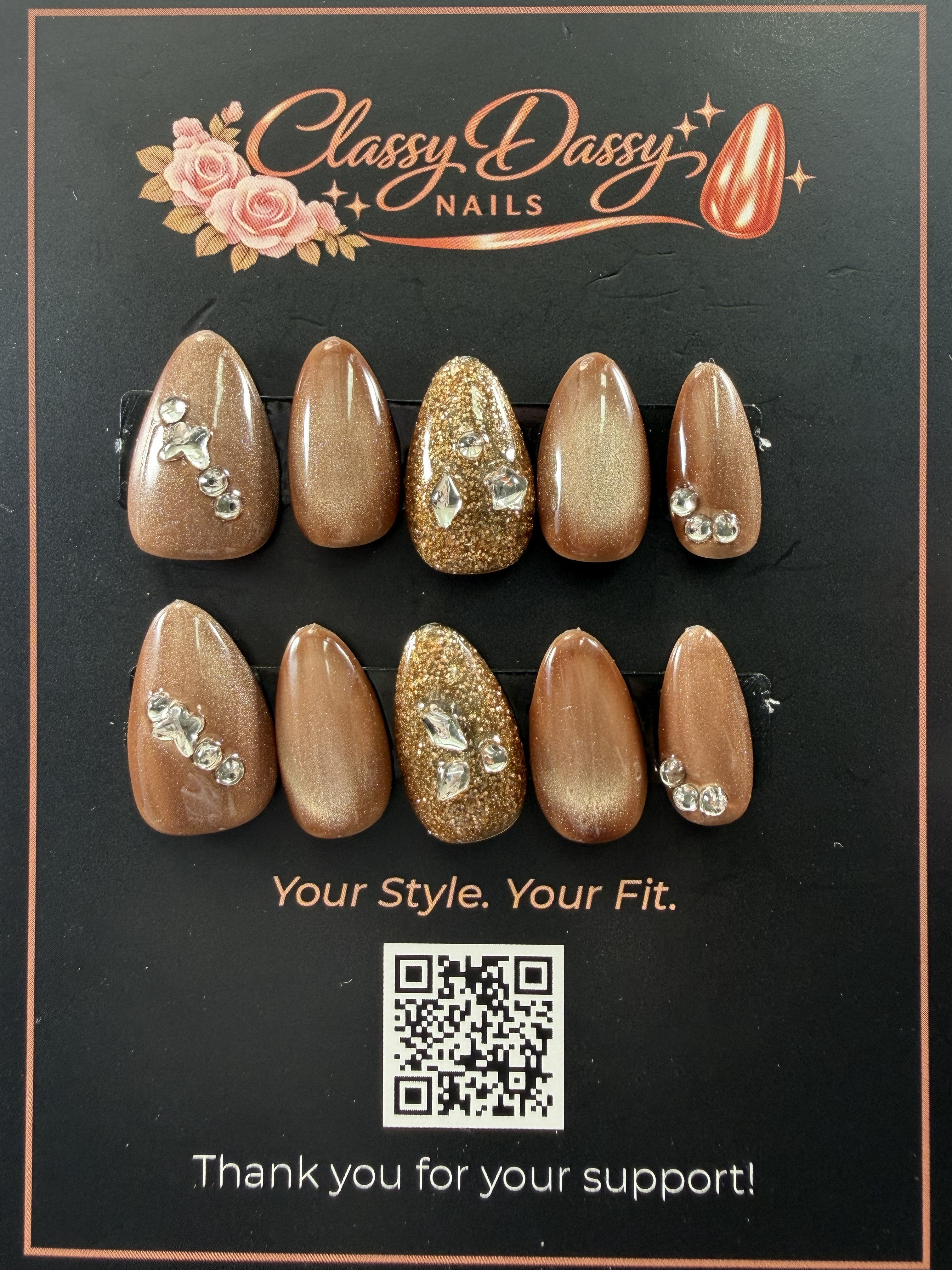 Mocha Crystal Glam Almond Press-On Nails – Short Length