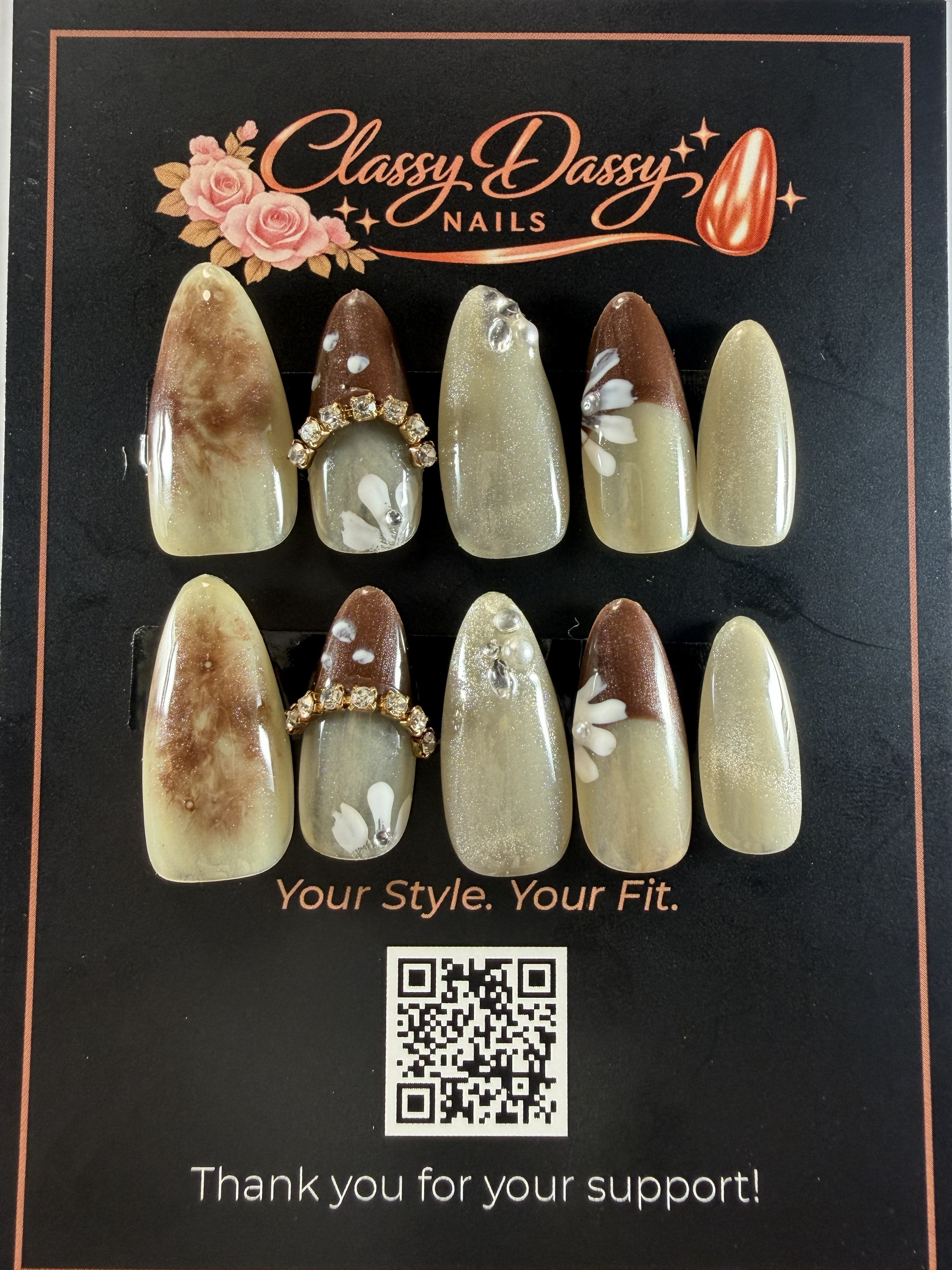 Mocha Bloom Almond Press-On Nails – Medium Length
