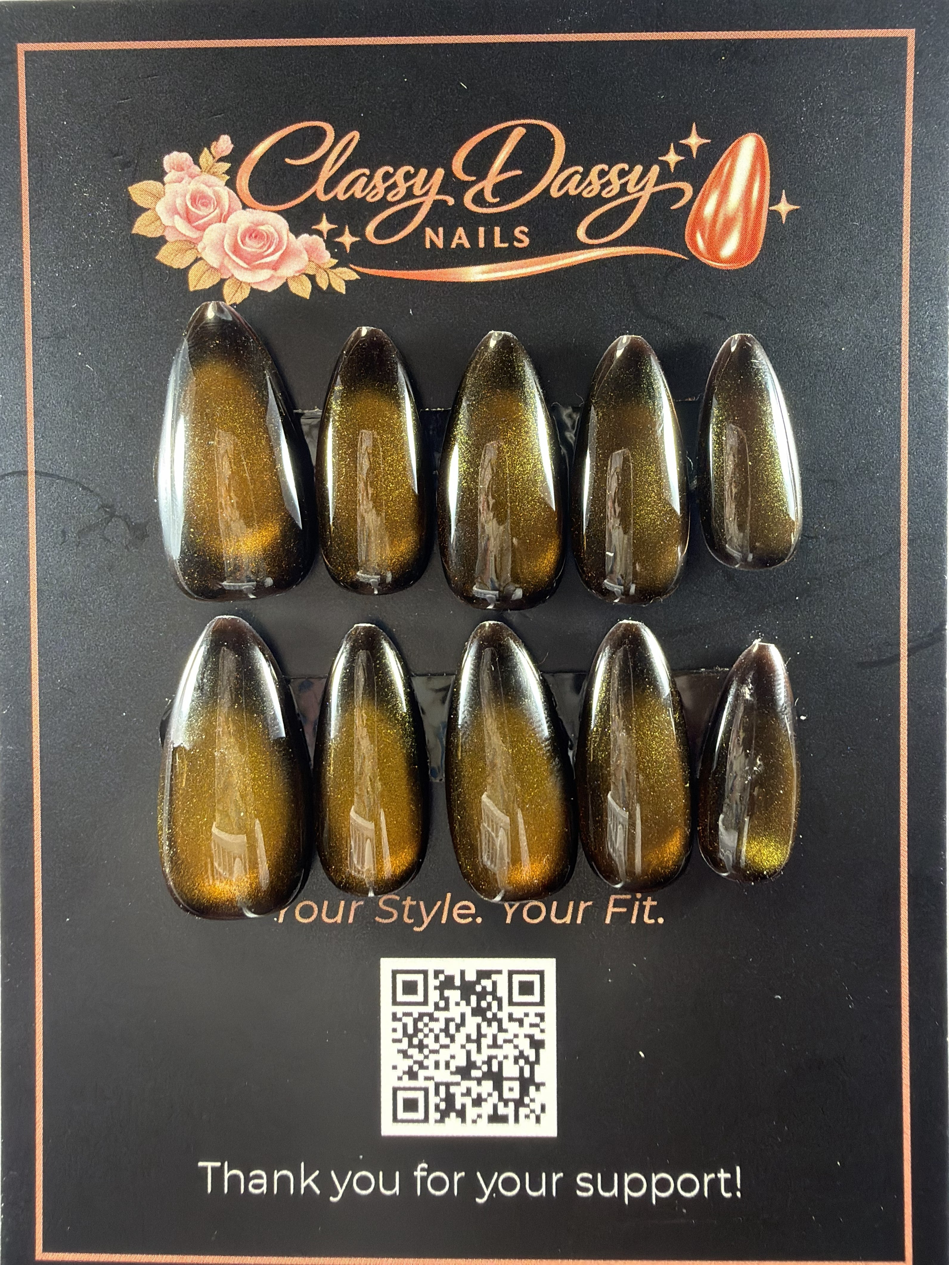 Black Gold Smoke Almond Press-On Nails – Medium Length