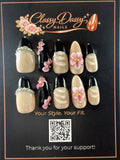 Black & Nude Floral Elegance Almond Press-On Nails – Medium Length