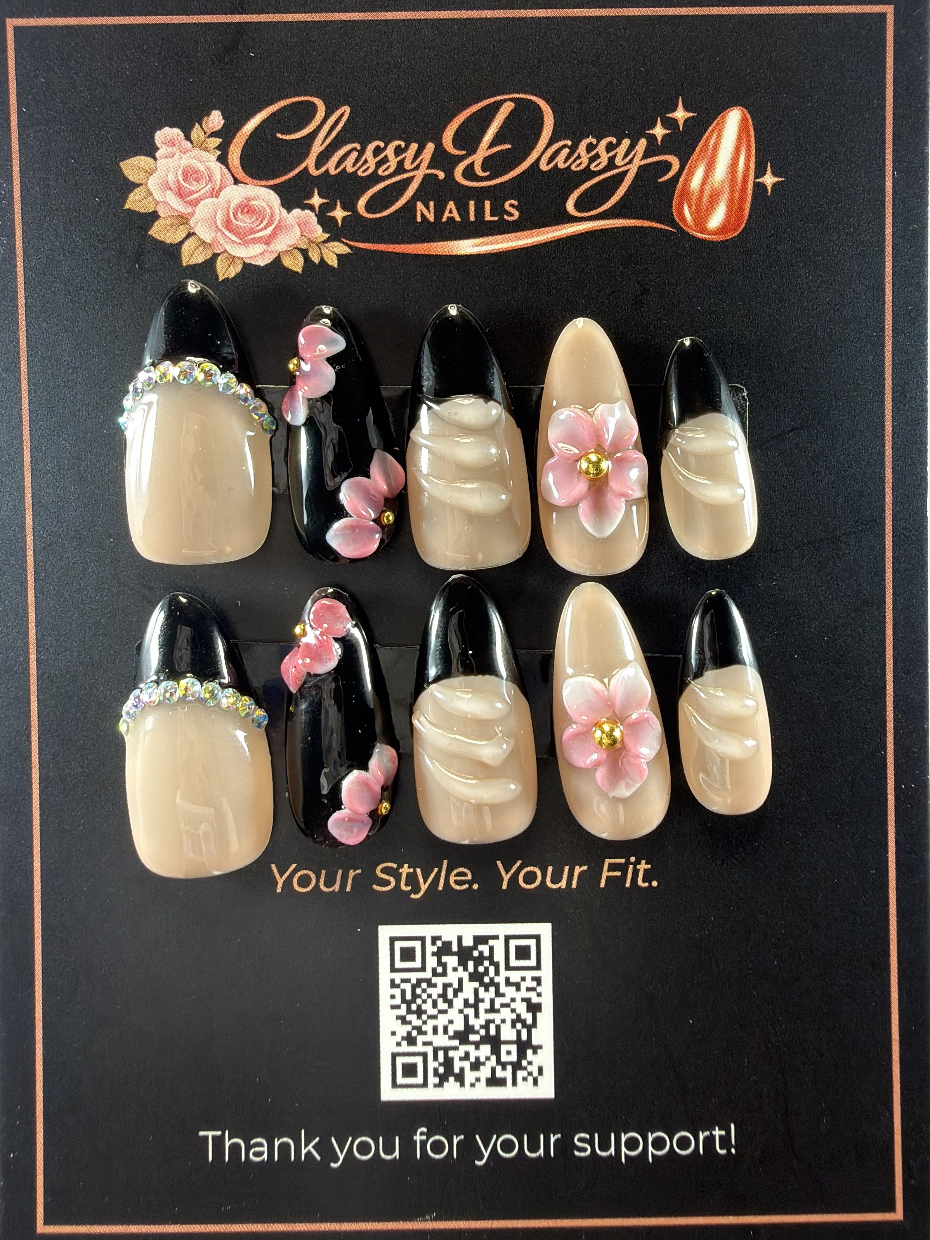 Black & Nude Floral Elegance Almond Press-On Nails – Medium Length