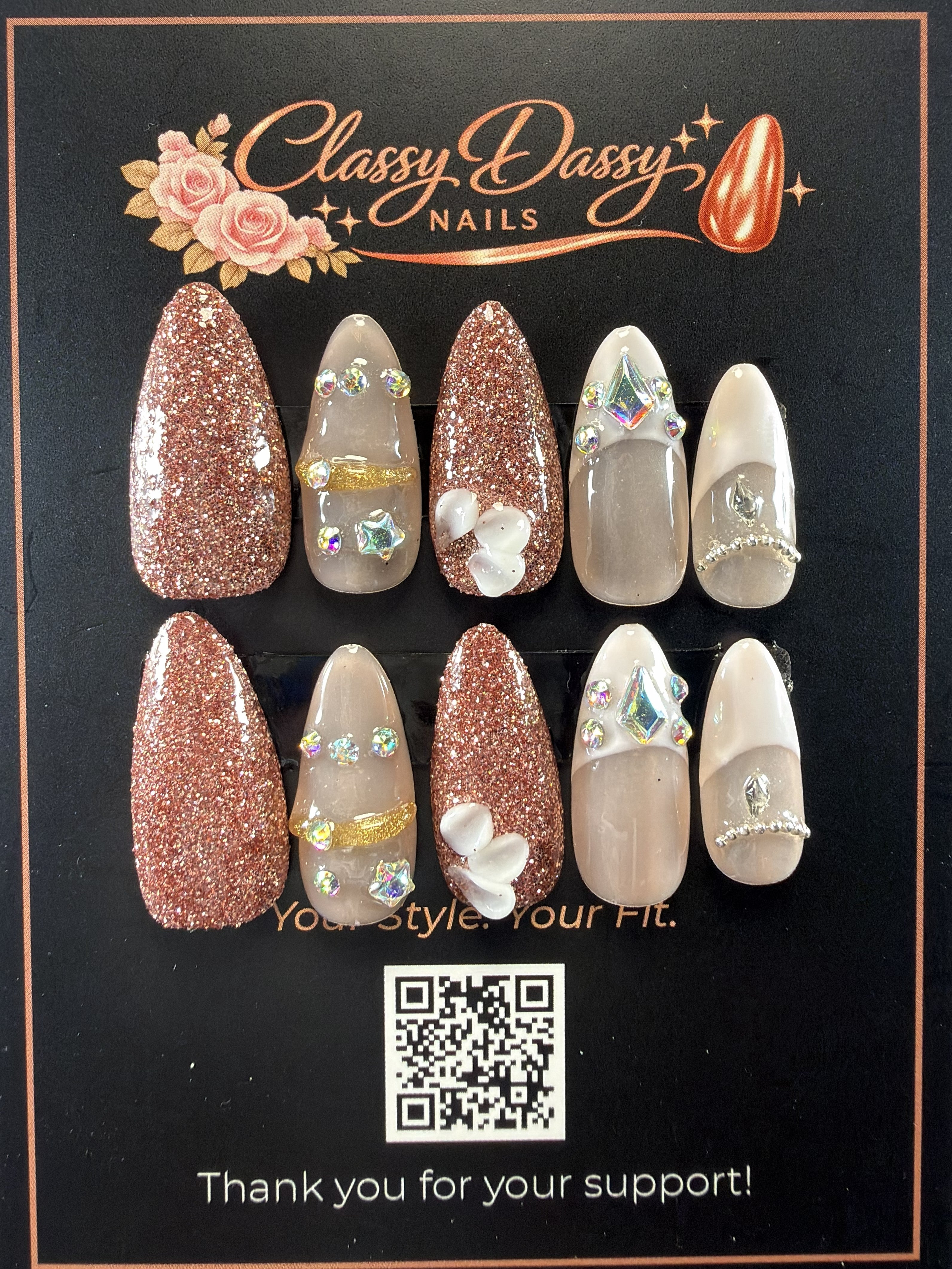 Rose Gold Gem Almond Press-On Nails – Medium Length