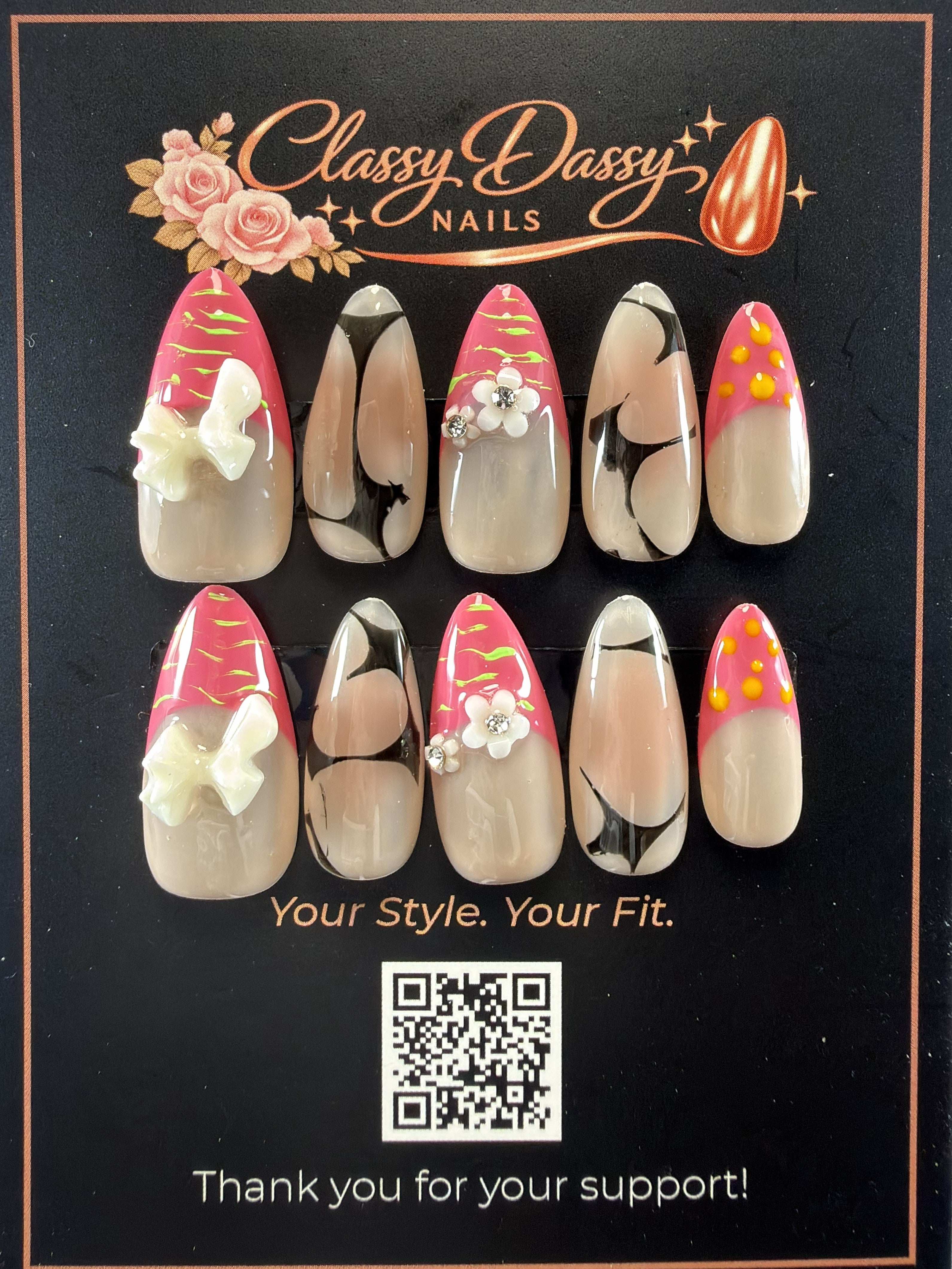 Pink Marble Bow Almond Press-On Nails – Medium Length