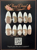 White Gold Floral Bridal Almond Press-On Nails – Medium Length