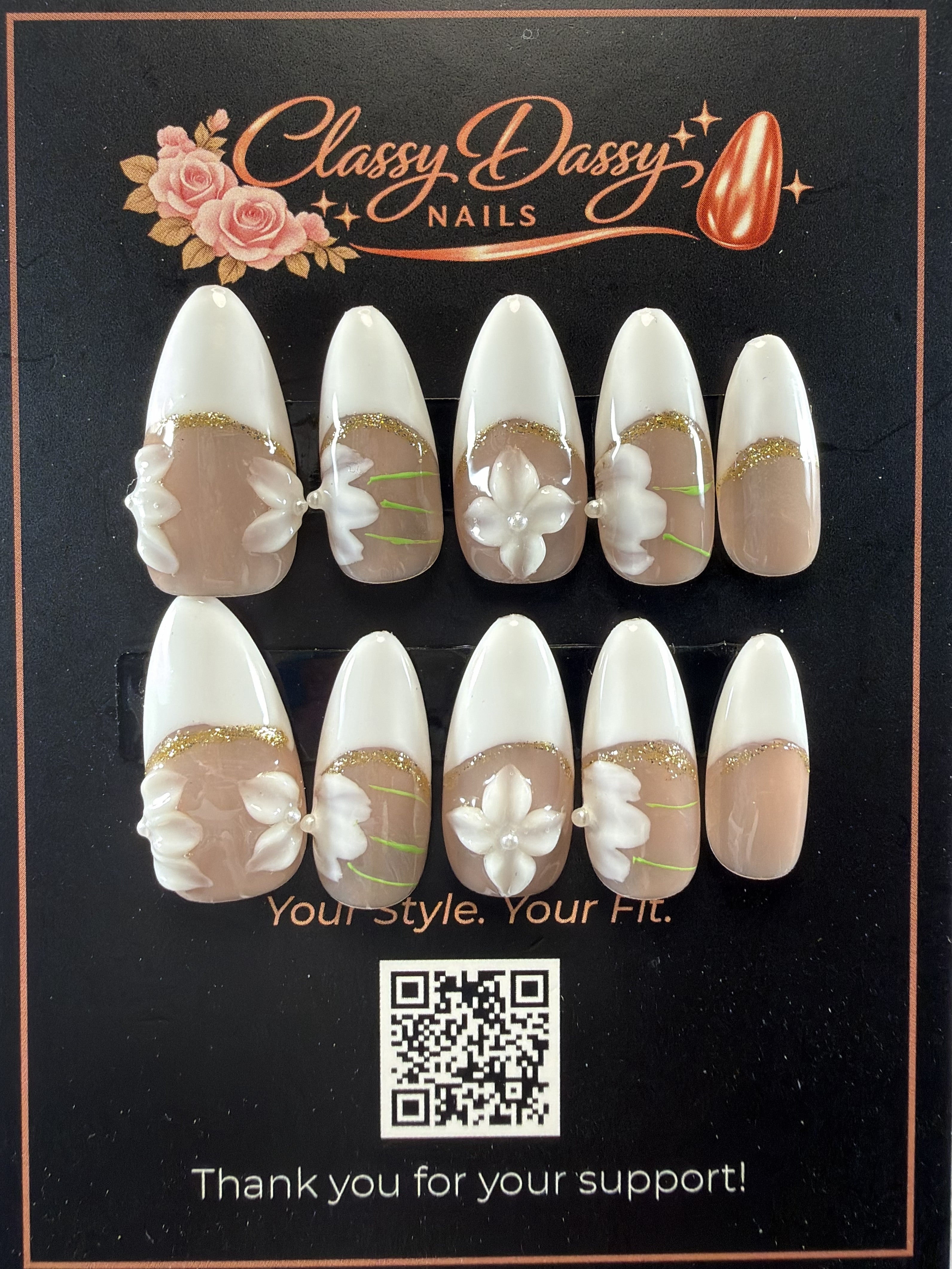 White Gold Floral Bridal Almond Press-On Nails – Medium Length