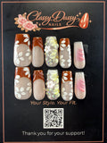 Terracotta French Tip 3D White Floral Crystal Gem Pink Swirl Coffin Press-On Nails – Long Length