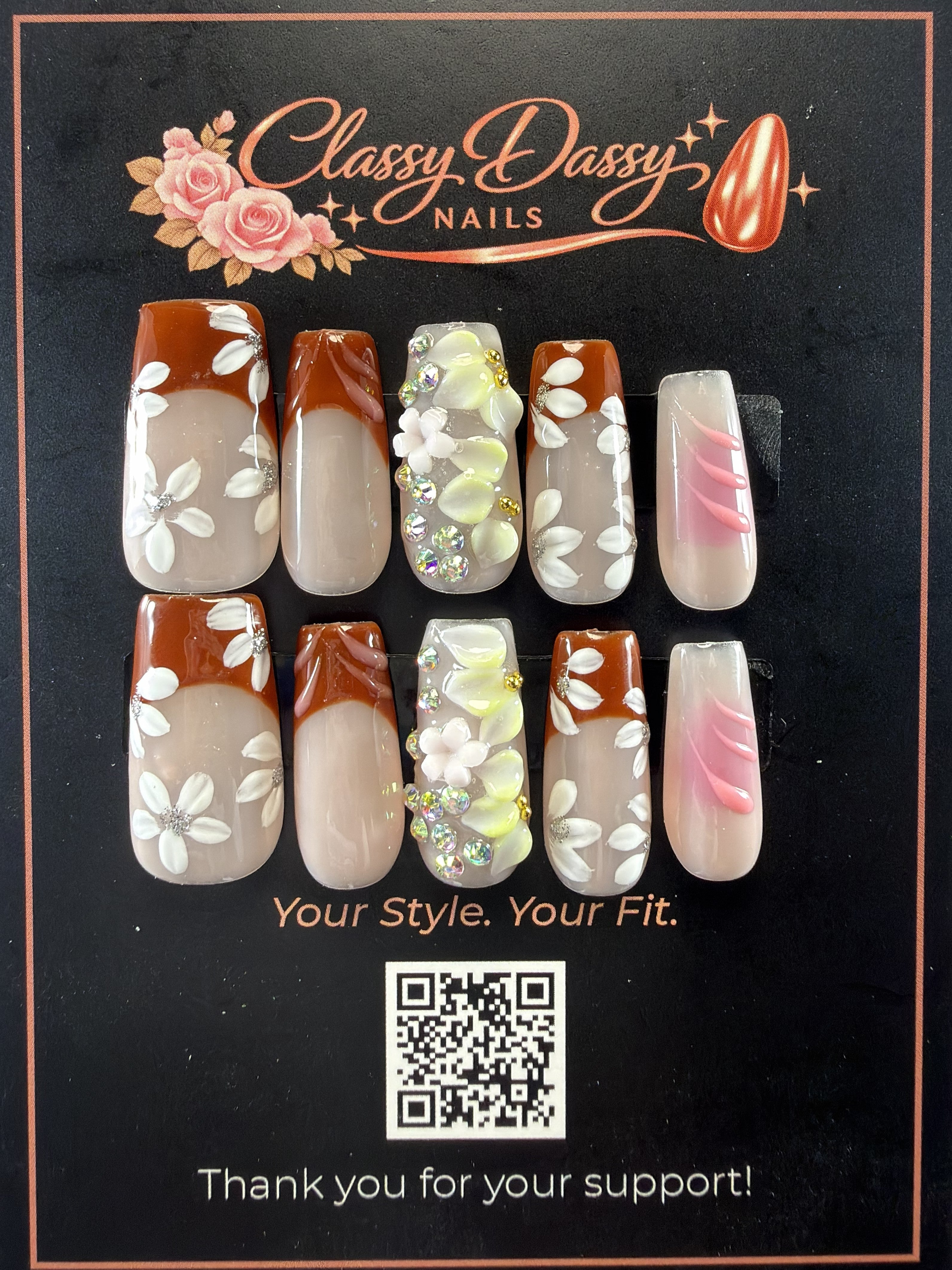 Terracotta French Tip 3D White Floral Crystal Gem Pink Swirl Coffin Press-On Nails – Long Length