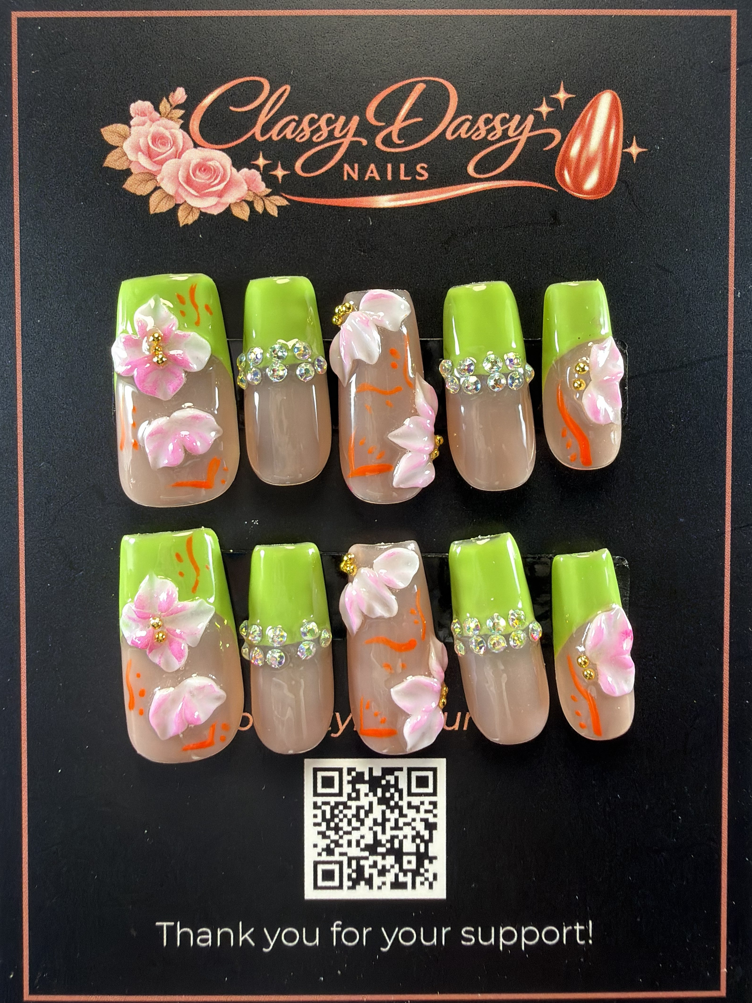 Lime Green Cherry Blossom Coffin Press-On Nails – Medium Length