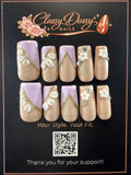 Lavender Gold Floral Square Press-On Nails – Medium Length