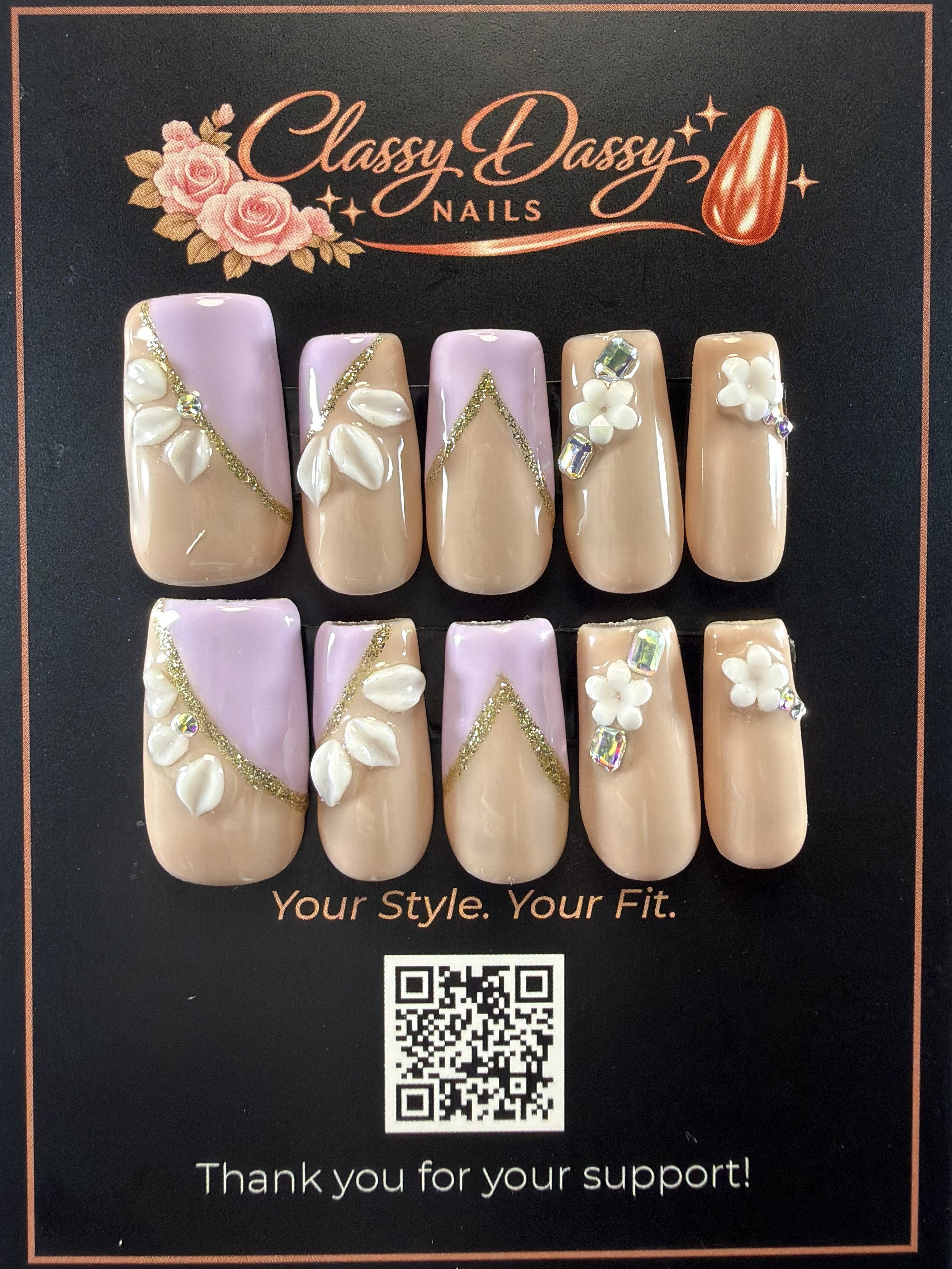 Lavender Gold Floral Square Press-On Nails – Medium Length
