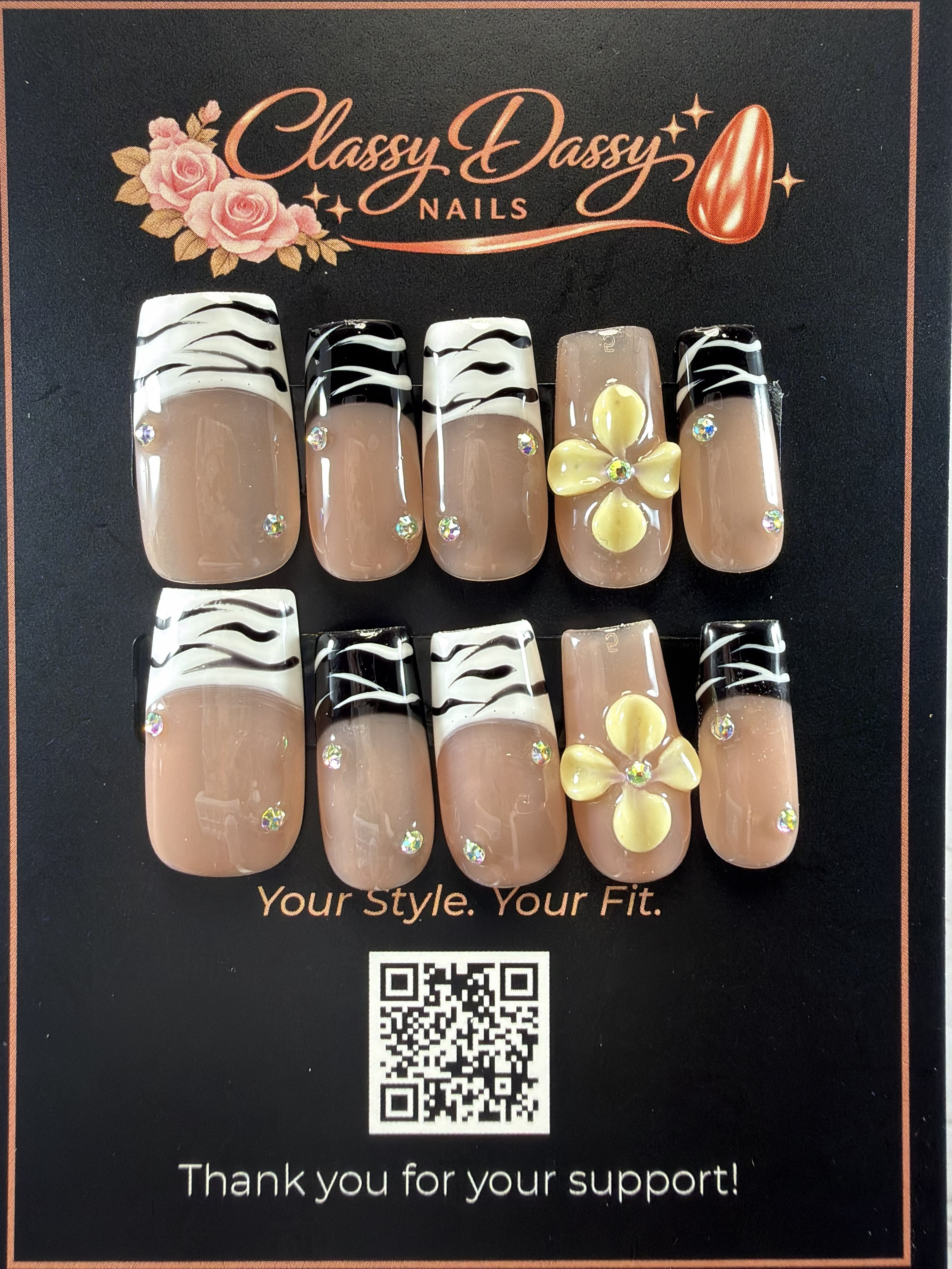 Zebra Print Gold Flower Square Press-On Nails – Medium Length