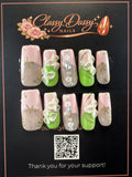Pink & Green Dragonfly Bow Coffin Press-On Nails – Medium Length