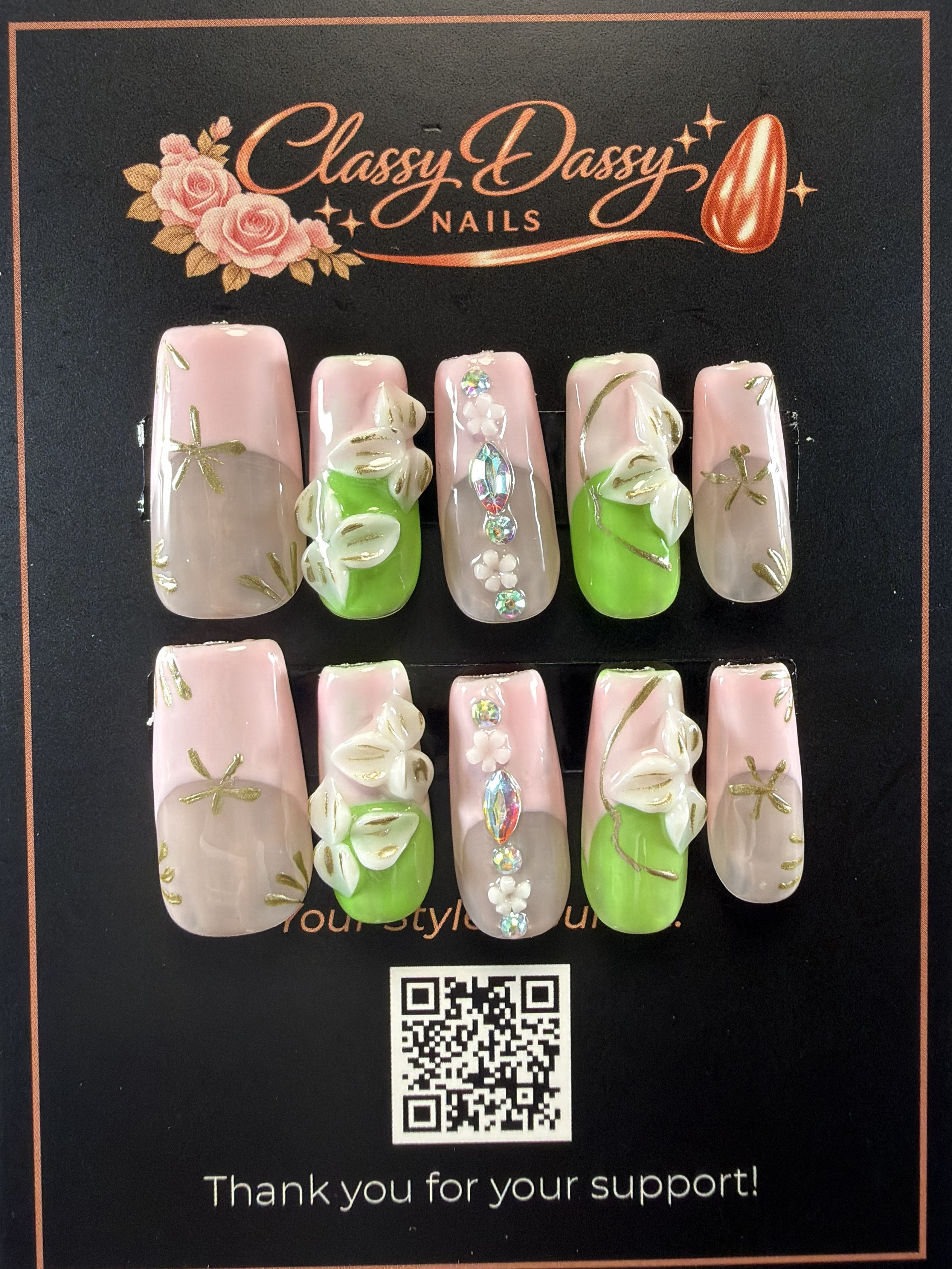 Pink & Green Dragonfly Bow Coffin Press-On Nails – Medium Length