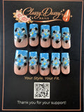 Blue & Black Floral Coffin Press-On Nails – Medium Length