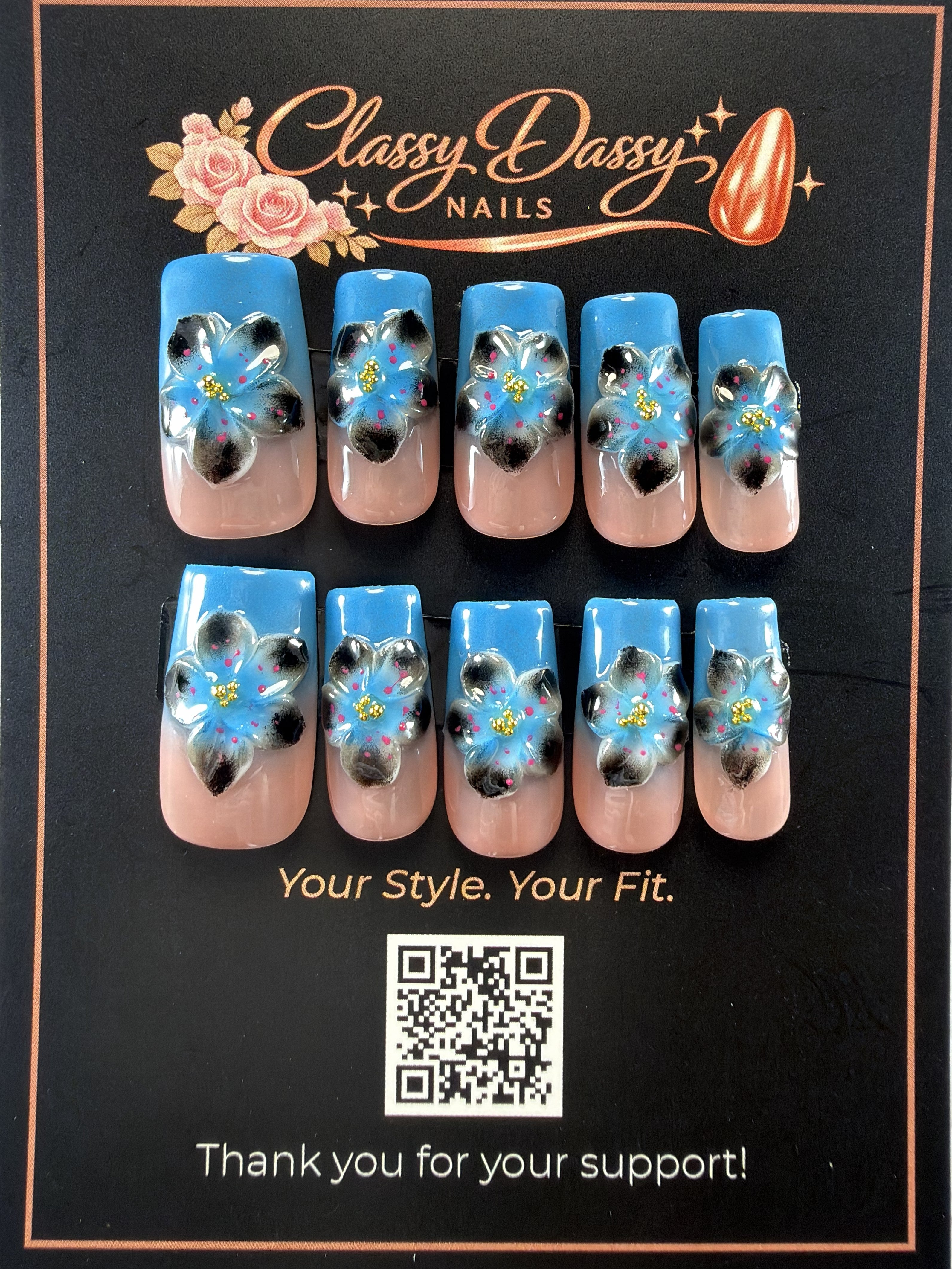Blue & Black Floral Coffin Press-On Nails – Medium Length