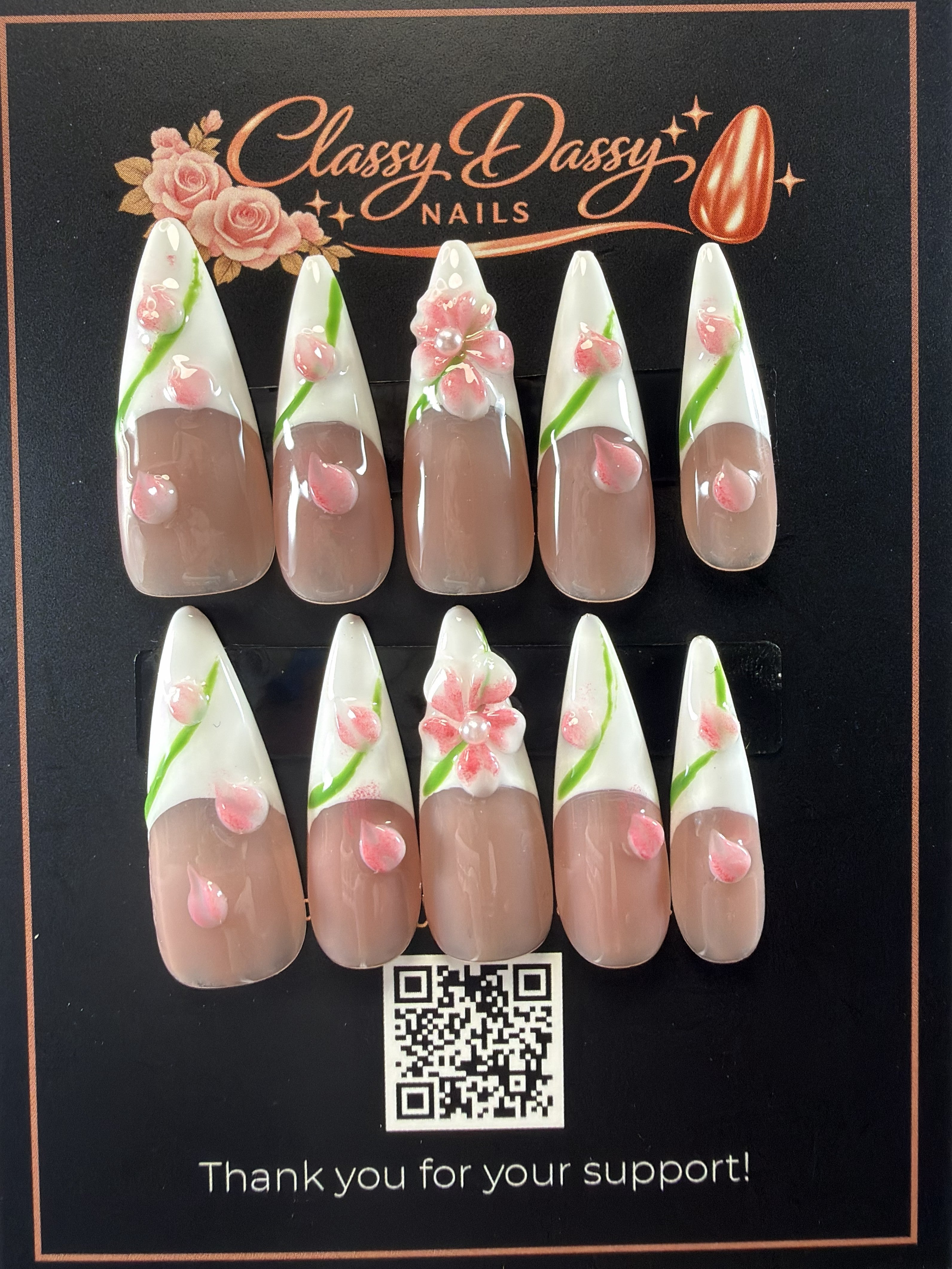 Pink Tulip French Stiletto Press-On Nails – Long Length