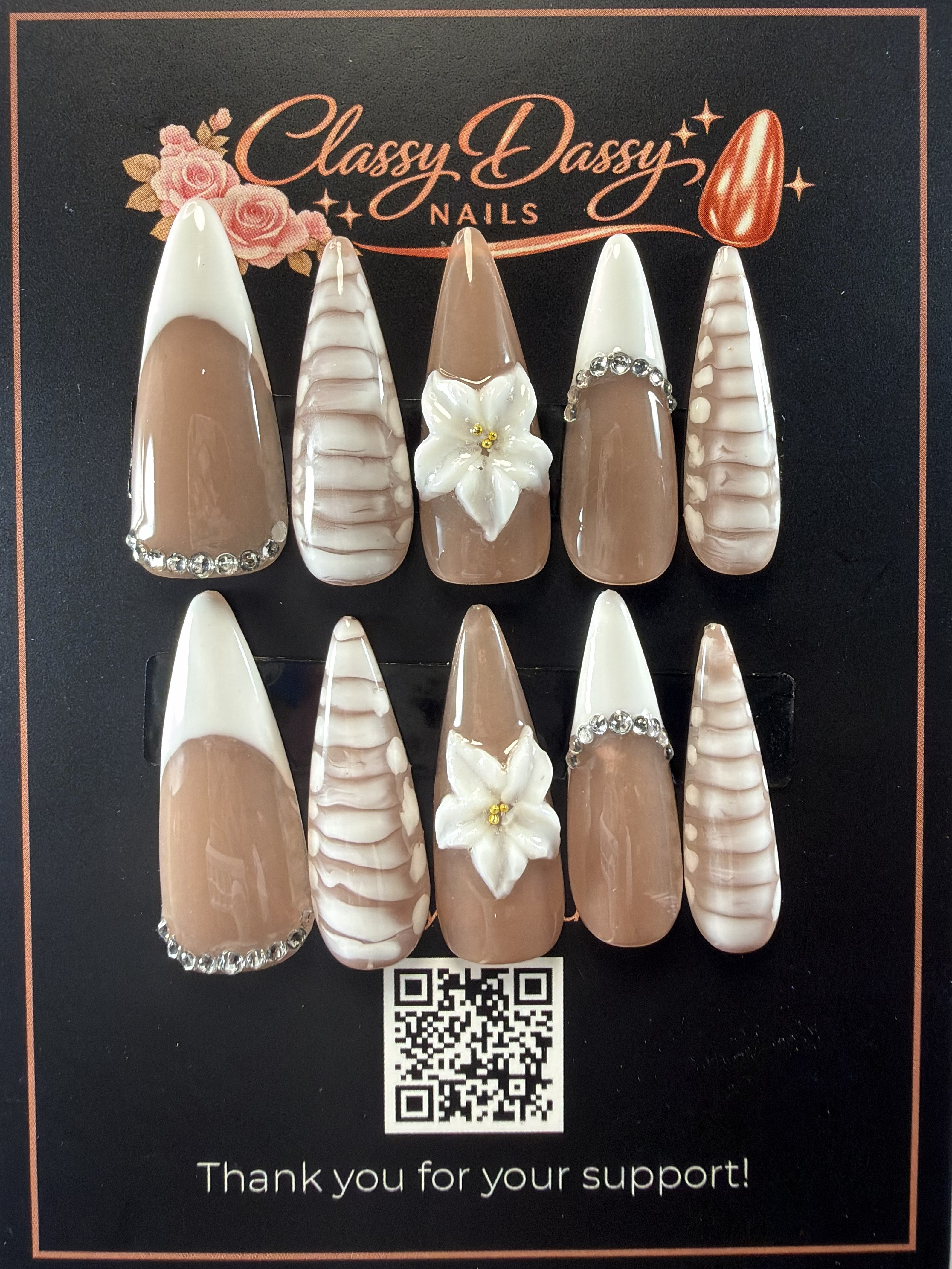 Mocha Stripe White Lily Stiletto Press-On Nails – Long Length