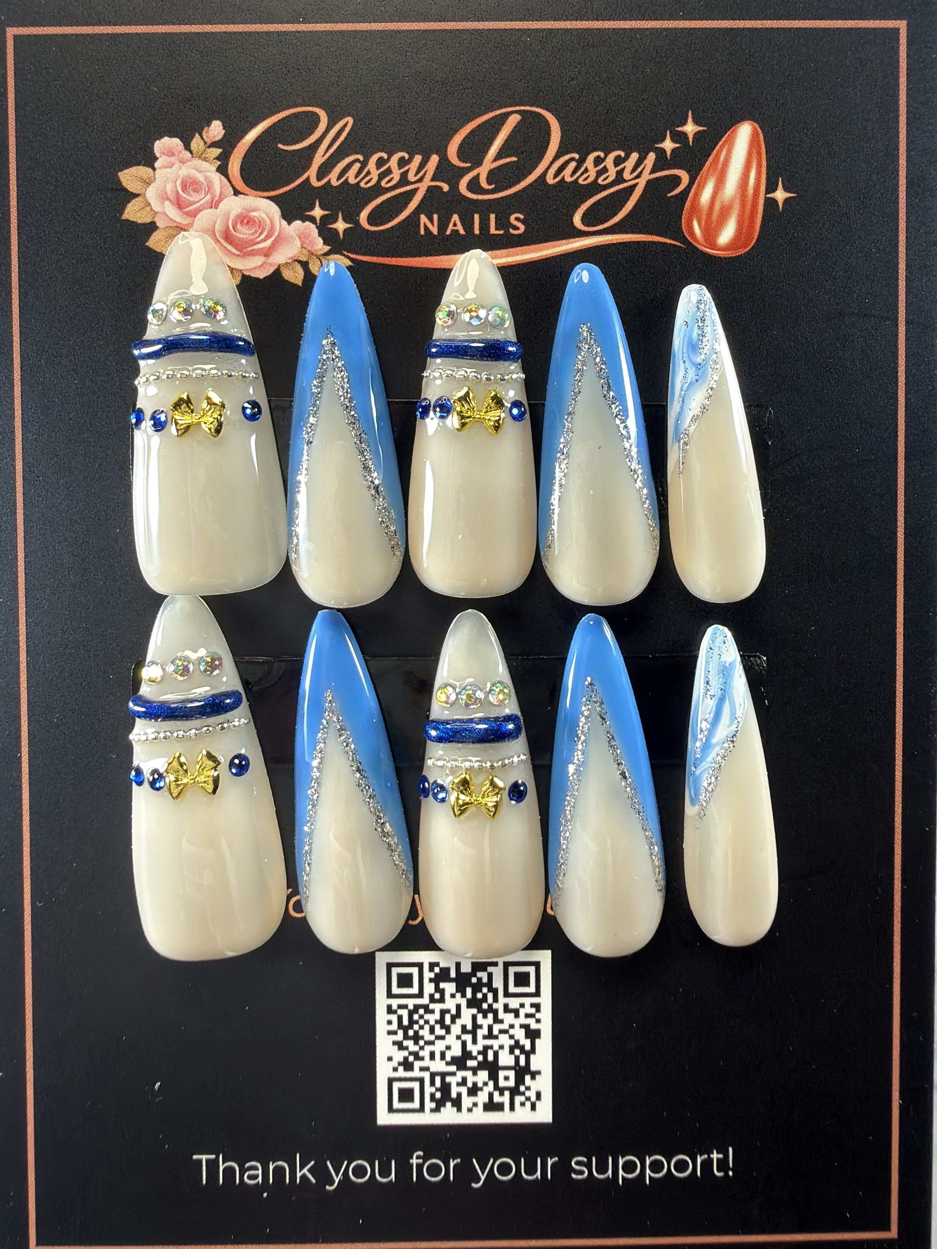 Blue & White Gold Bow Stiletto Press-On Nails – Long Length