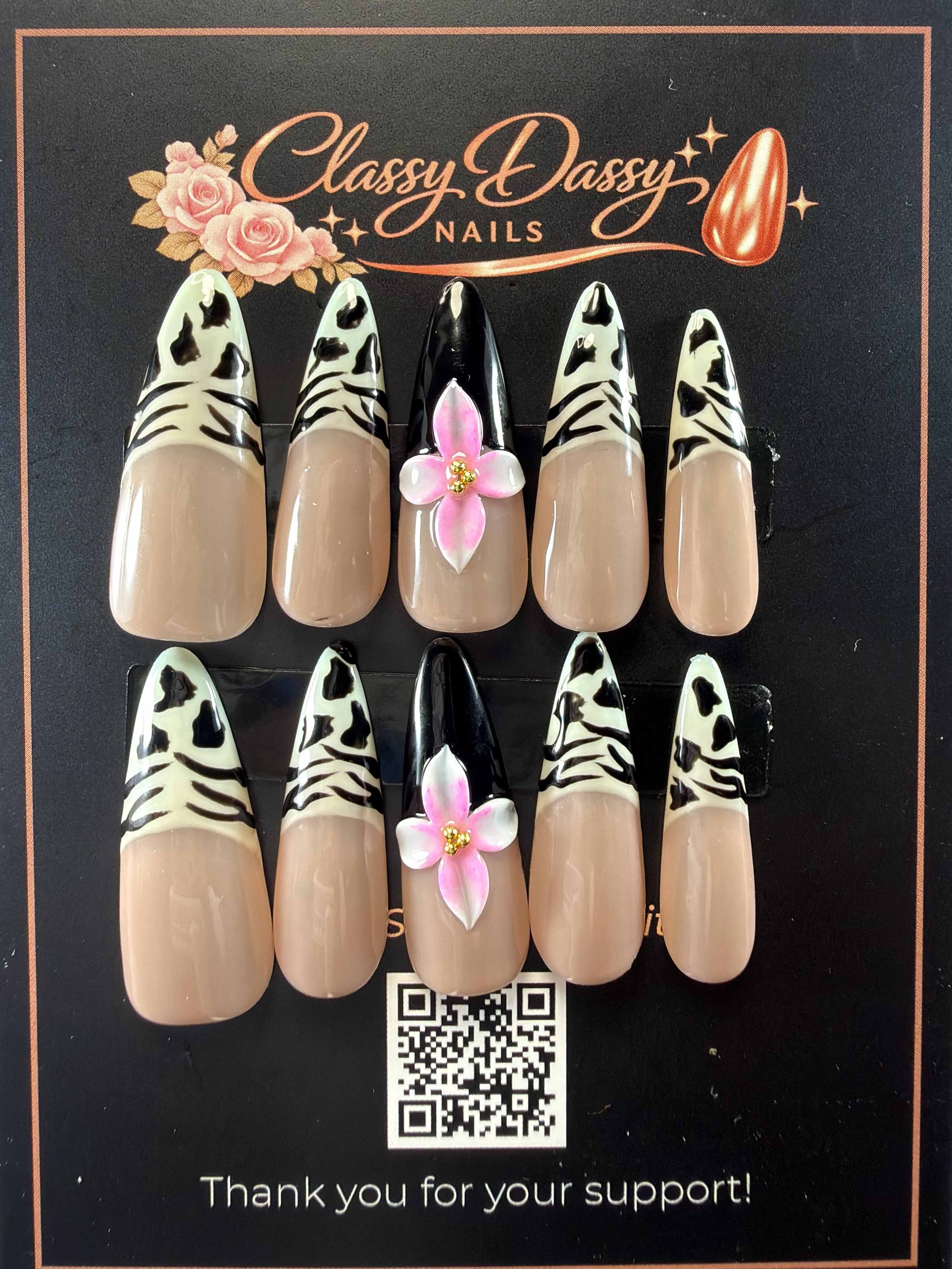 Animal Print Pink Flower Almond Press-On Nails – Long Length