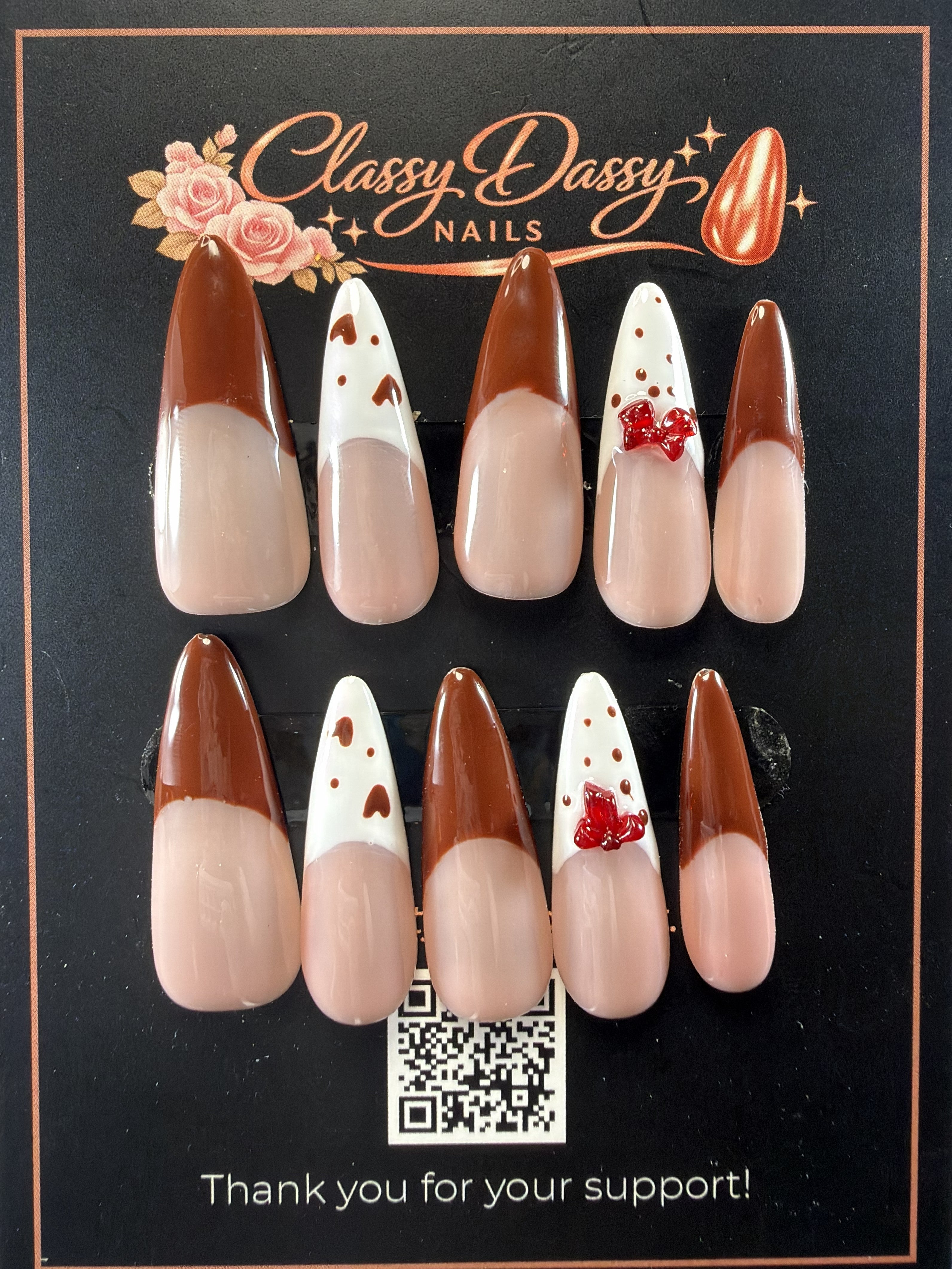 Reddish Brown Heart Red Bow Almond Press-On Nails – Long Length