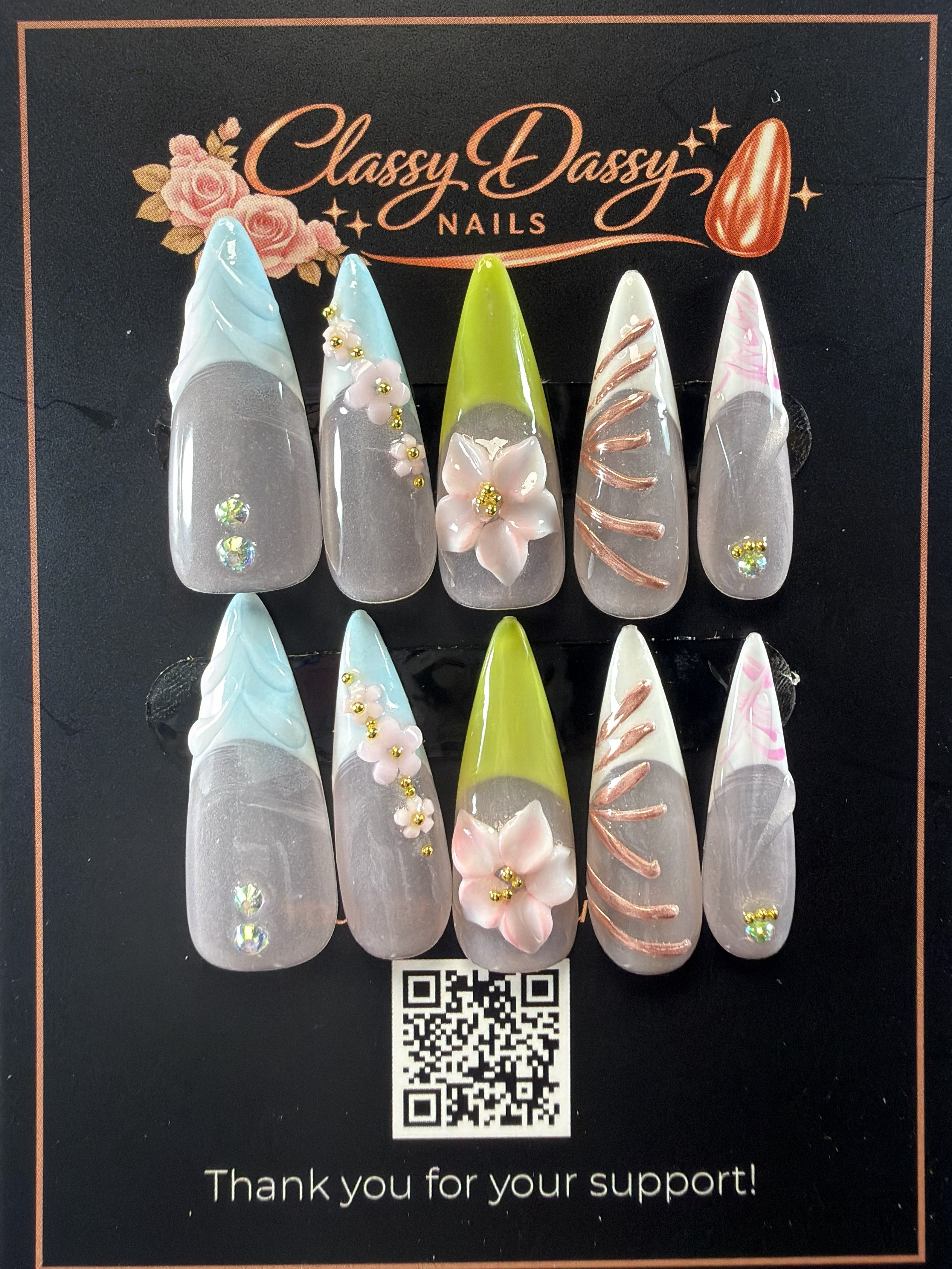 Frosted Mixed Design Stiletto Press-On Nails – Long Length