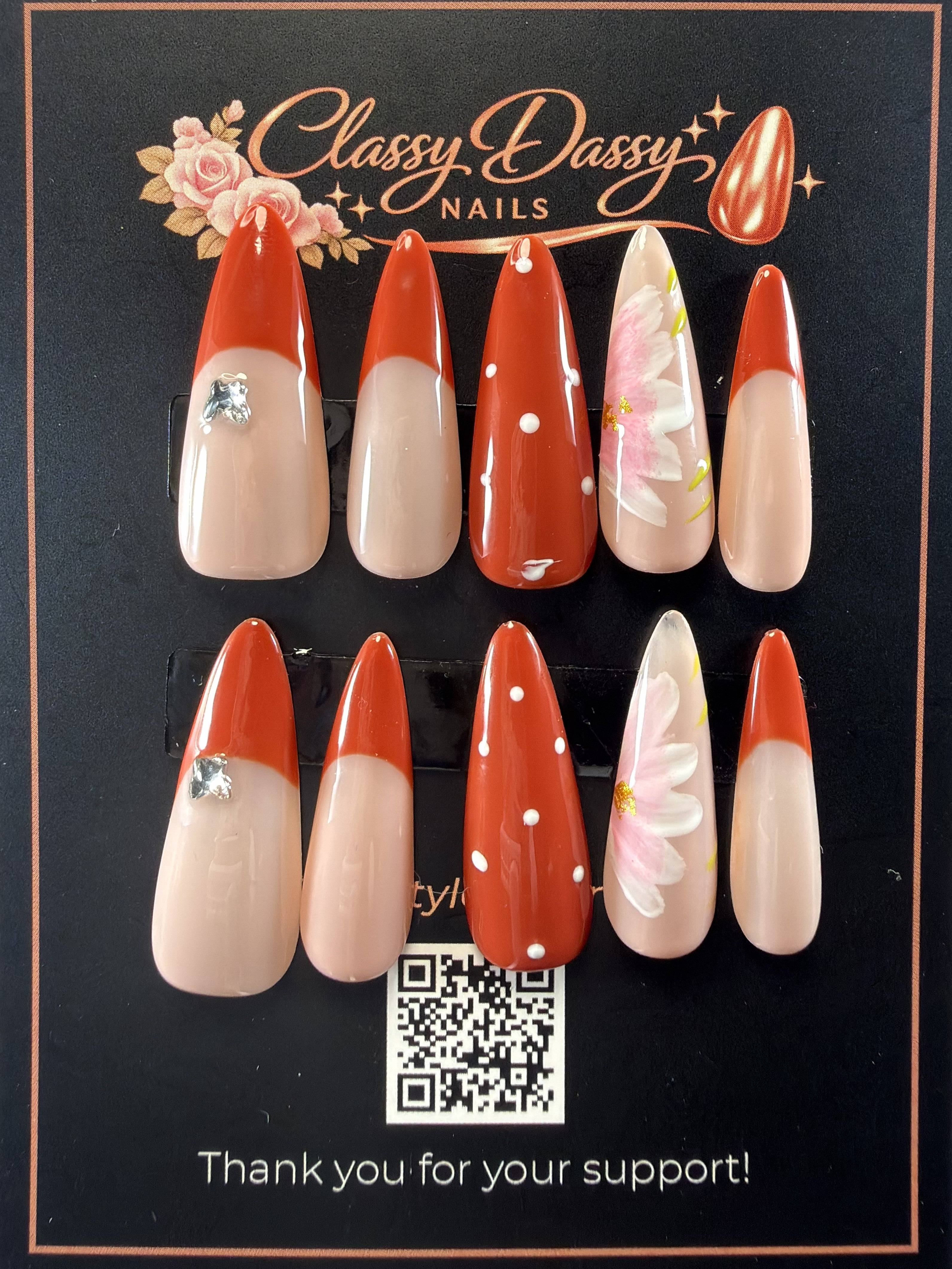 Terracotta Polka Dot Floral Almond Press-On Nails – Long Length