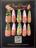 Green Zebra Pink Stripe 3D Flower Almond Press-On Nails – Long Length