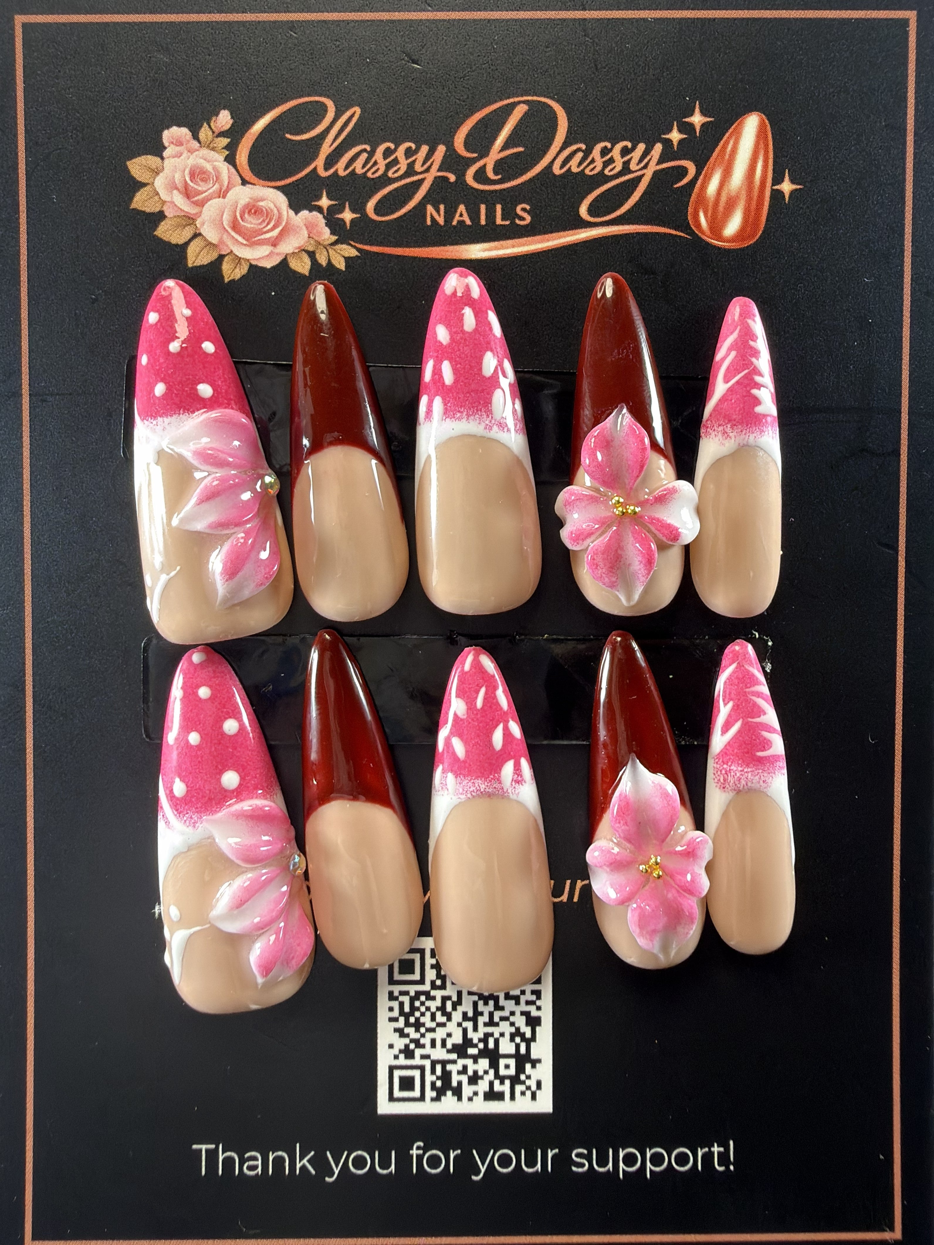 Mushroom Pink Polka Dot 3D Flower Almond Press-On Nails – Long Length
