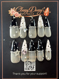 Black White Polka Dot Crystal Gem Stiletto Press-On Nails – Long Length